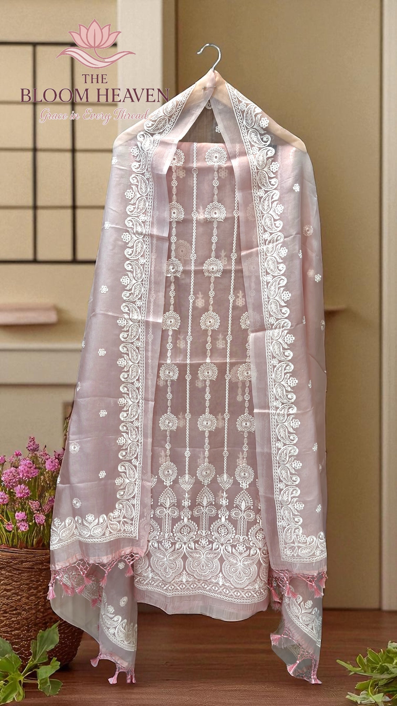Pure Organza Chikankari Handloom Banarasi Dress Material