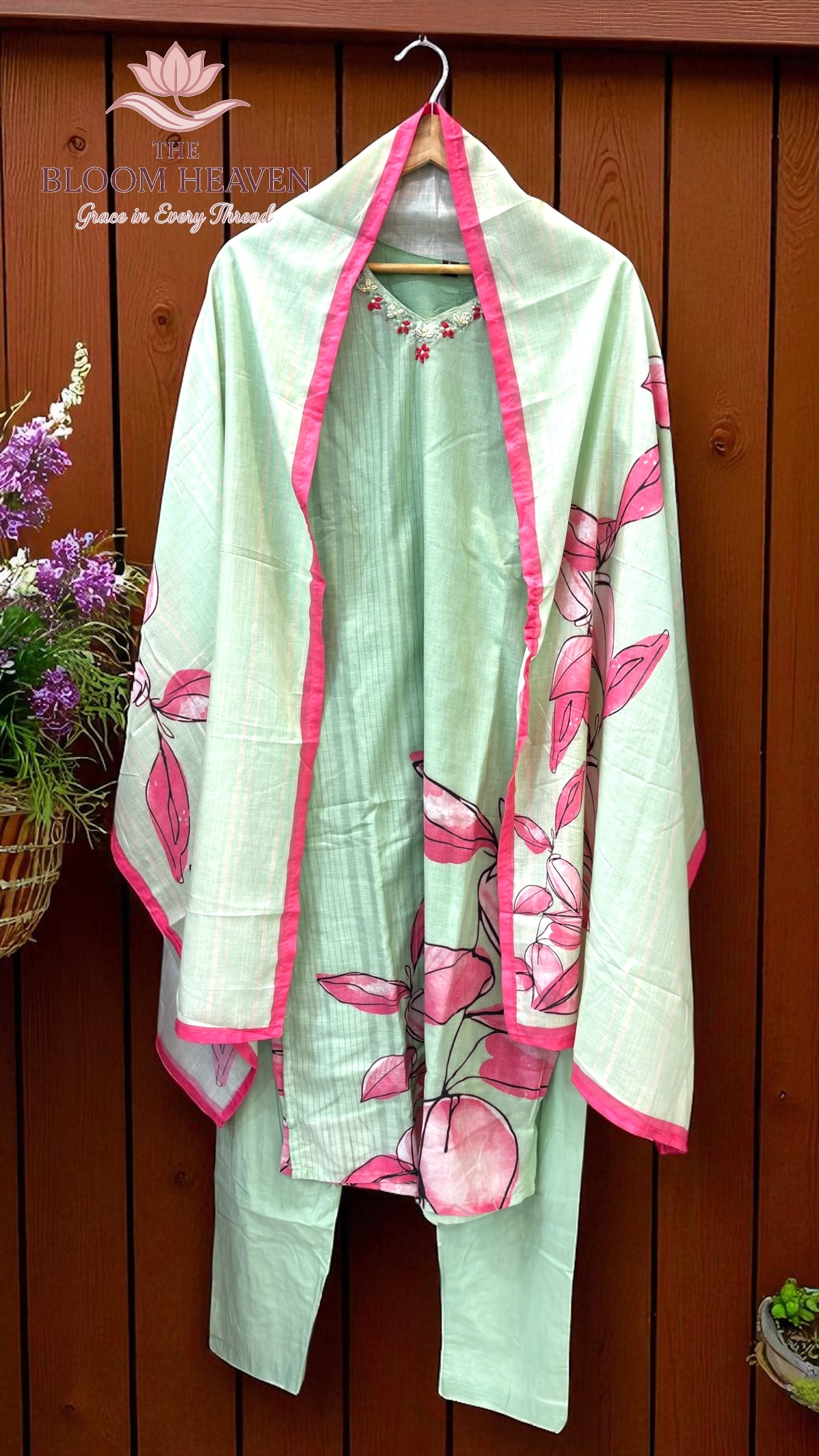 Mint Green Mal Cotton Suit with Pink Floral Print & Embroidered Neckline