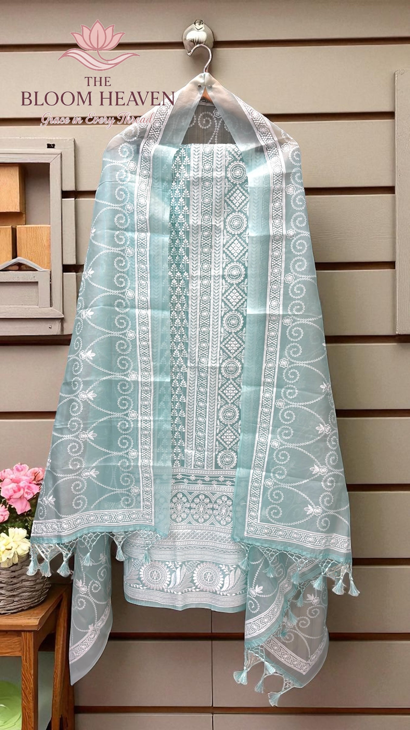 Pure Organza Chikankari Handloom Banarasi Dress Material
