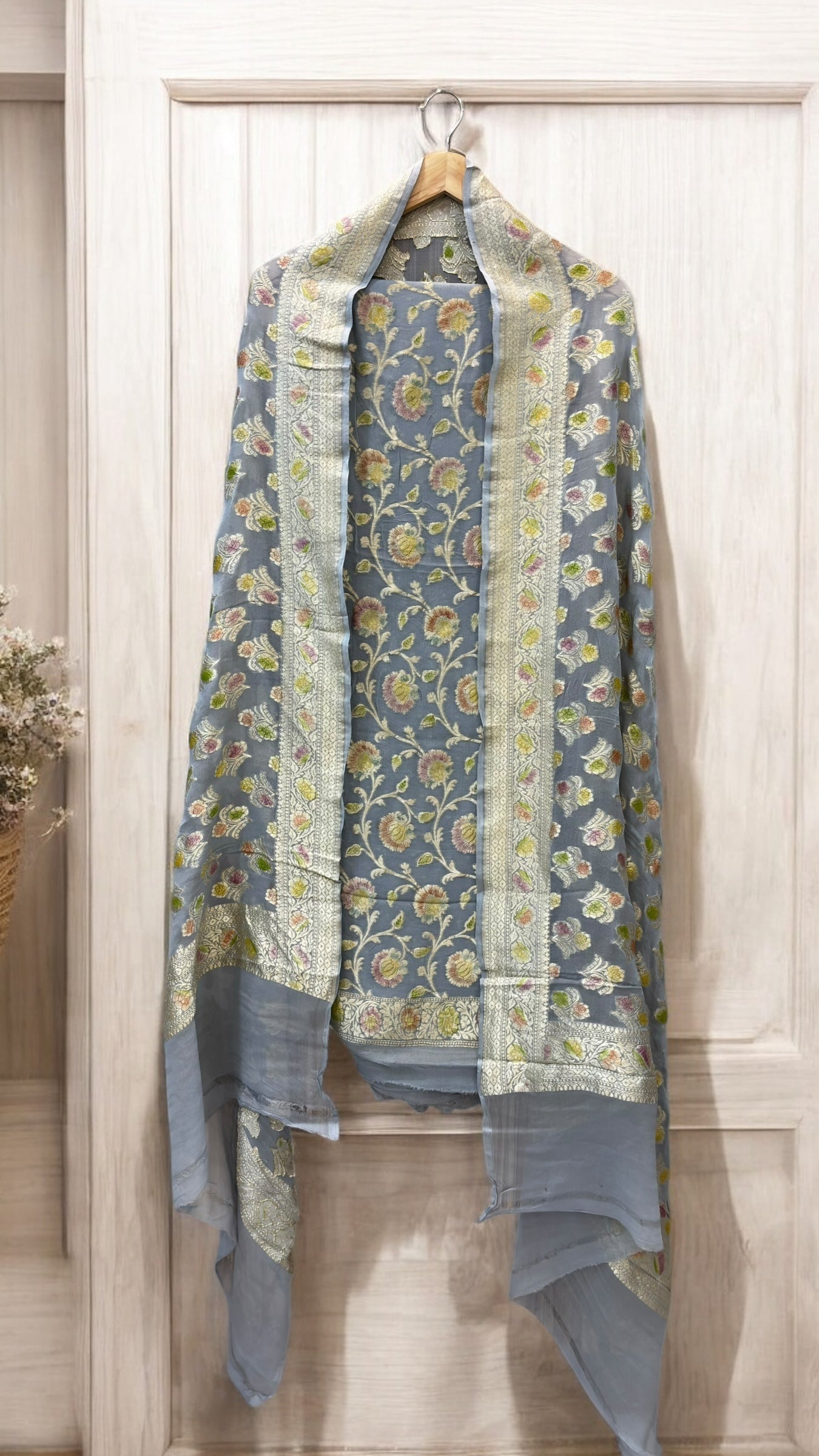 Grey Pure Khaddi Georgette 3 Pc Suit Set with Hand Brush Meenakari Dye