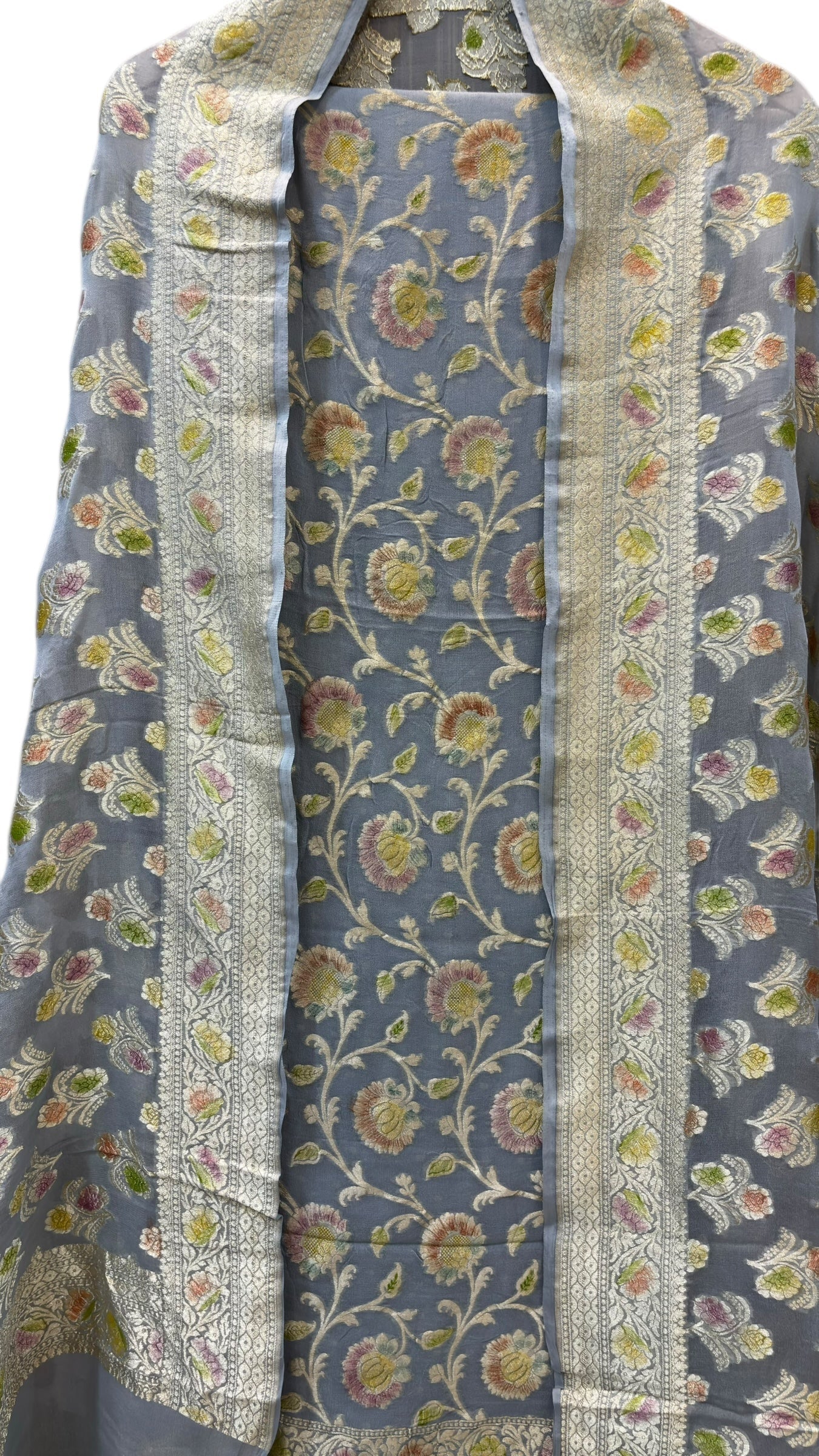 Grey Pure Khaddi Georgette 3 Pc Suit Set with Hand Brush Meenakari Dye