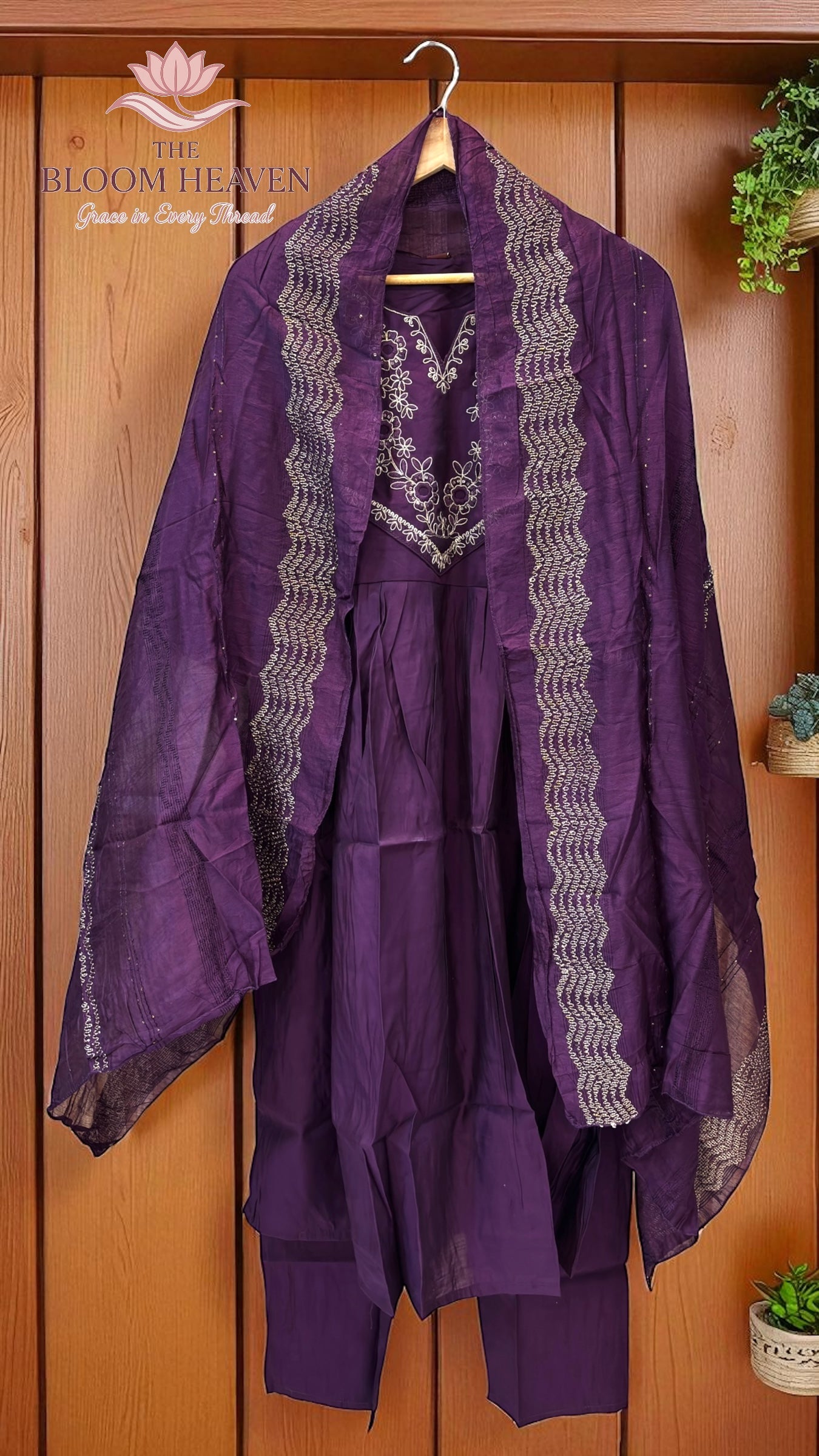 Deep Purple Mal Cotton Suit with Intricate Embroidered Neckline