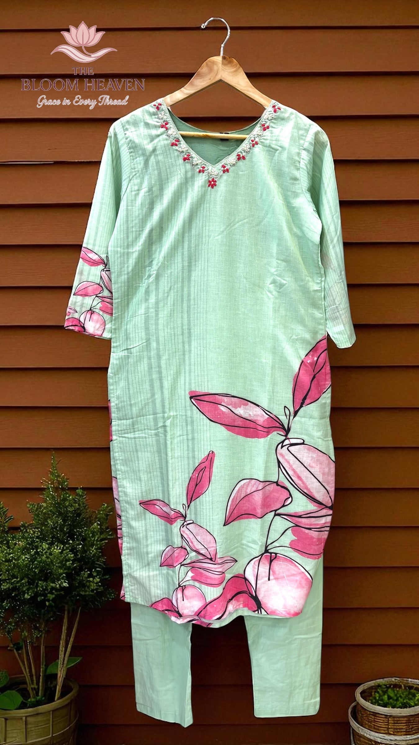 Mint Green Mal Cotton Suit with Pink Floral Print & Embroidered Neckline