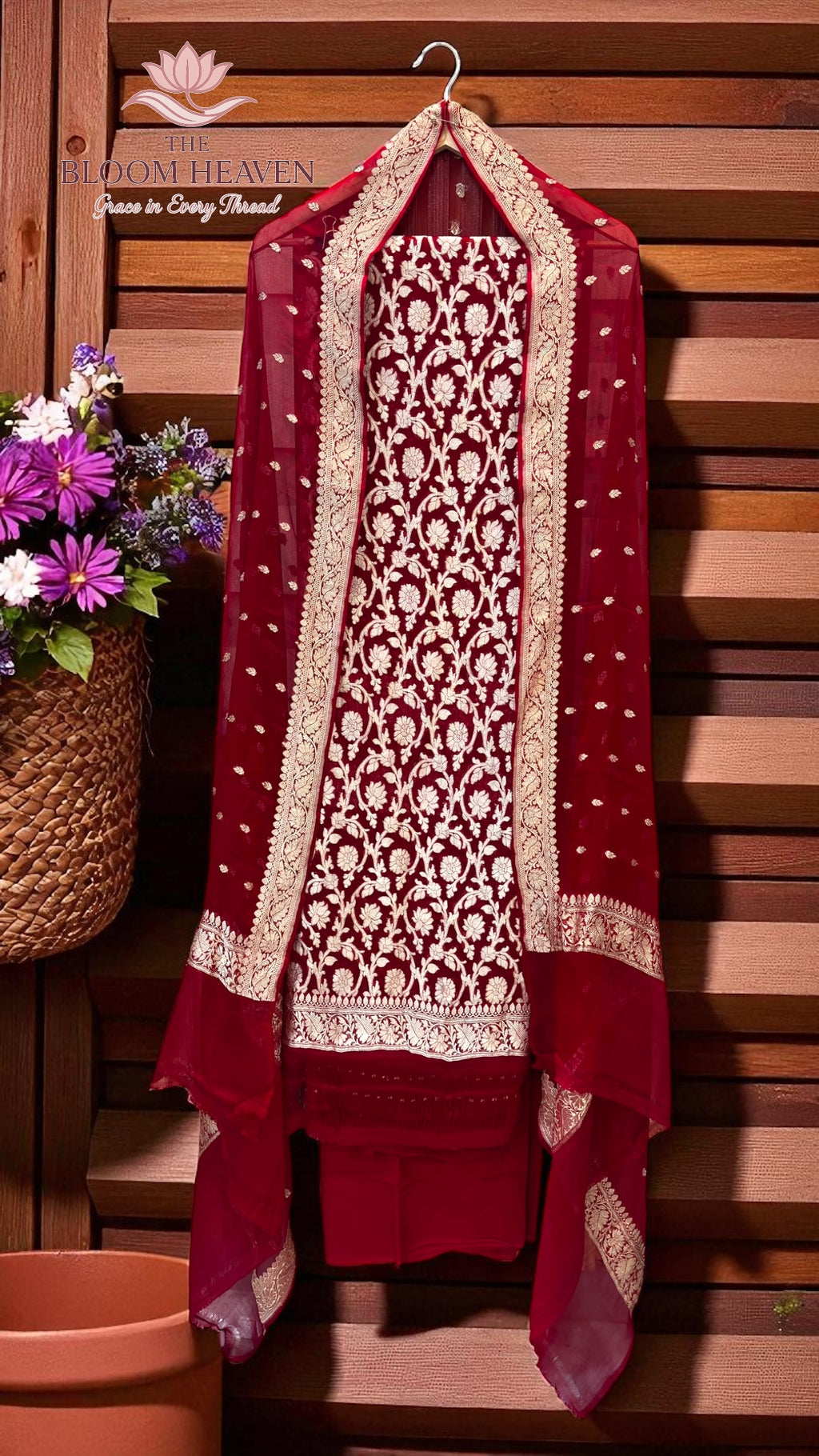 Red and white embroidered traditional outfit on a wooden background with flowers.