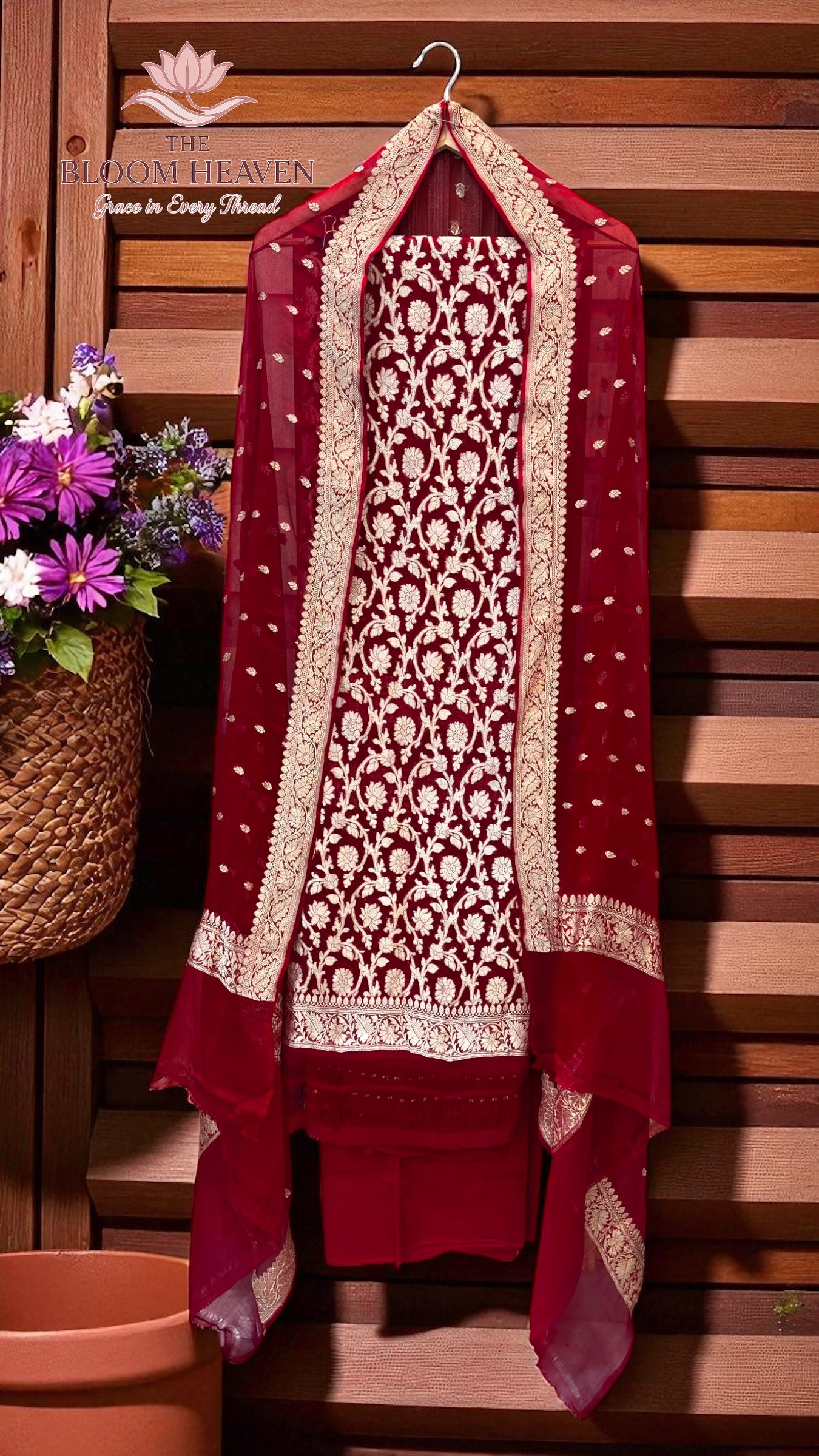 Red and white embroidered traditional outfit on a wooden background with flowers.