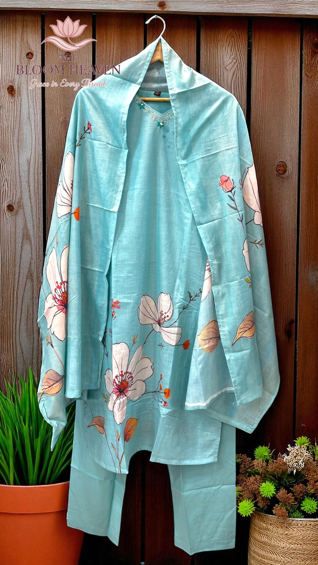 Mal Cotton Floral Printed Suit – Sky Blue with Embroidered Neckline