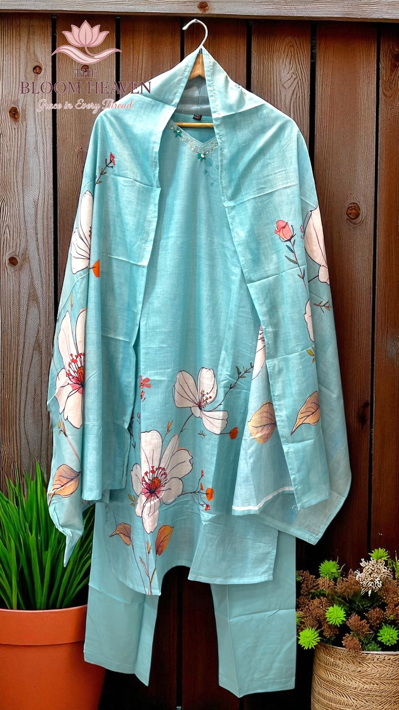 Mal Cotton Floral Printed Suit – Sky Blue with Embroidered Neckline