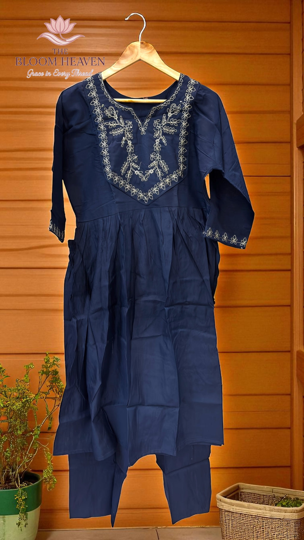Navy Blue Mal Cotton Suit with Intricate Embroidered Neckline