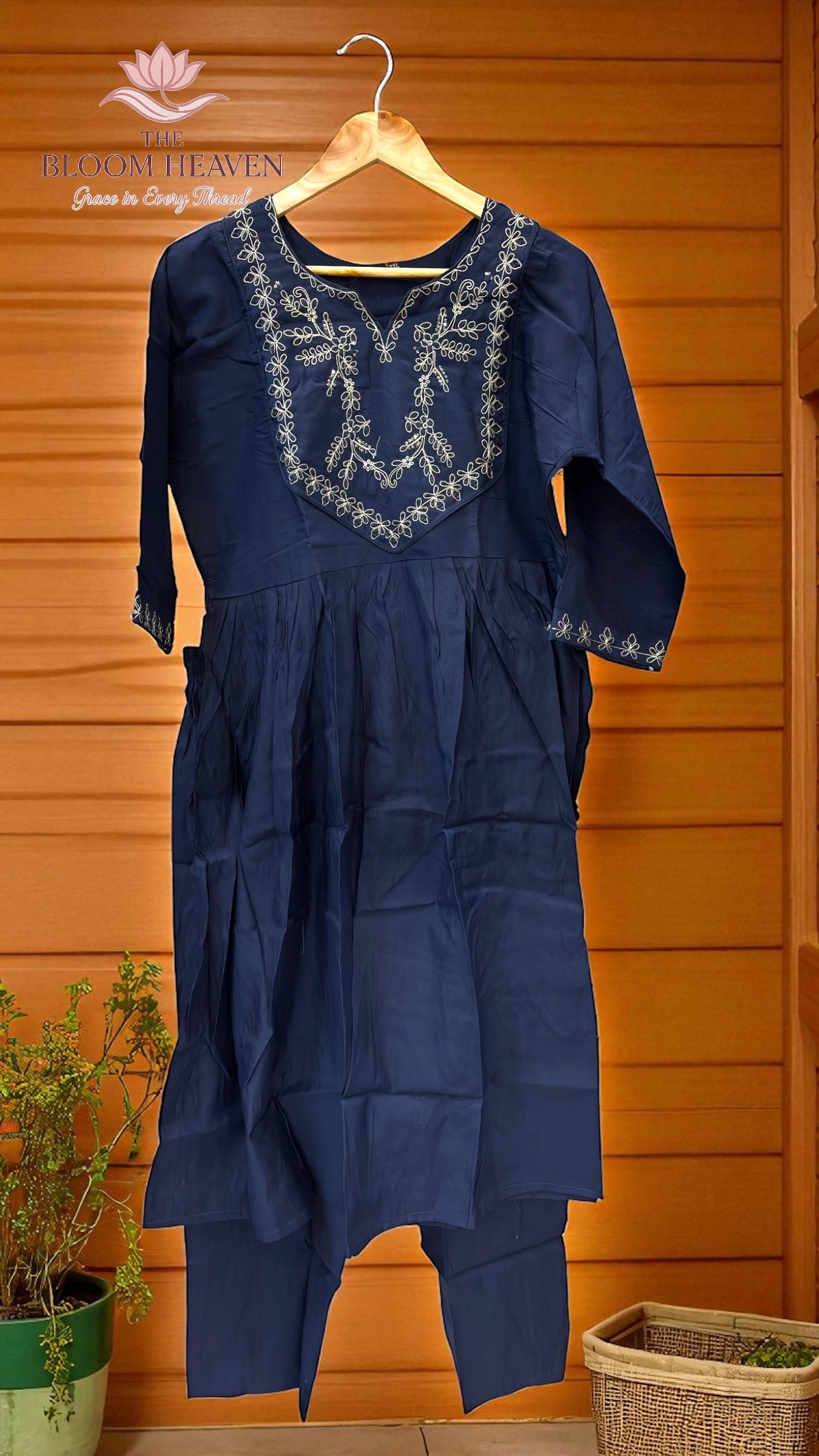 Navy Blue Mal Cotton Suit with Intricate Embroidered Neckline