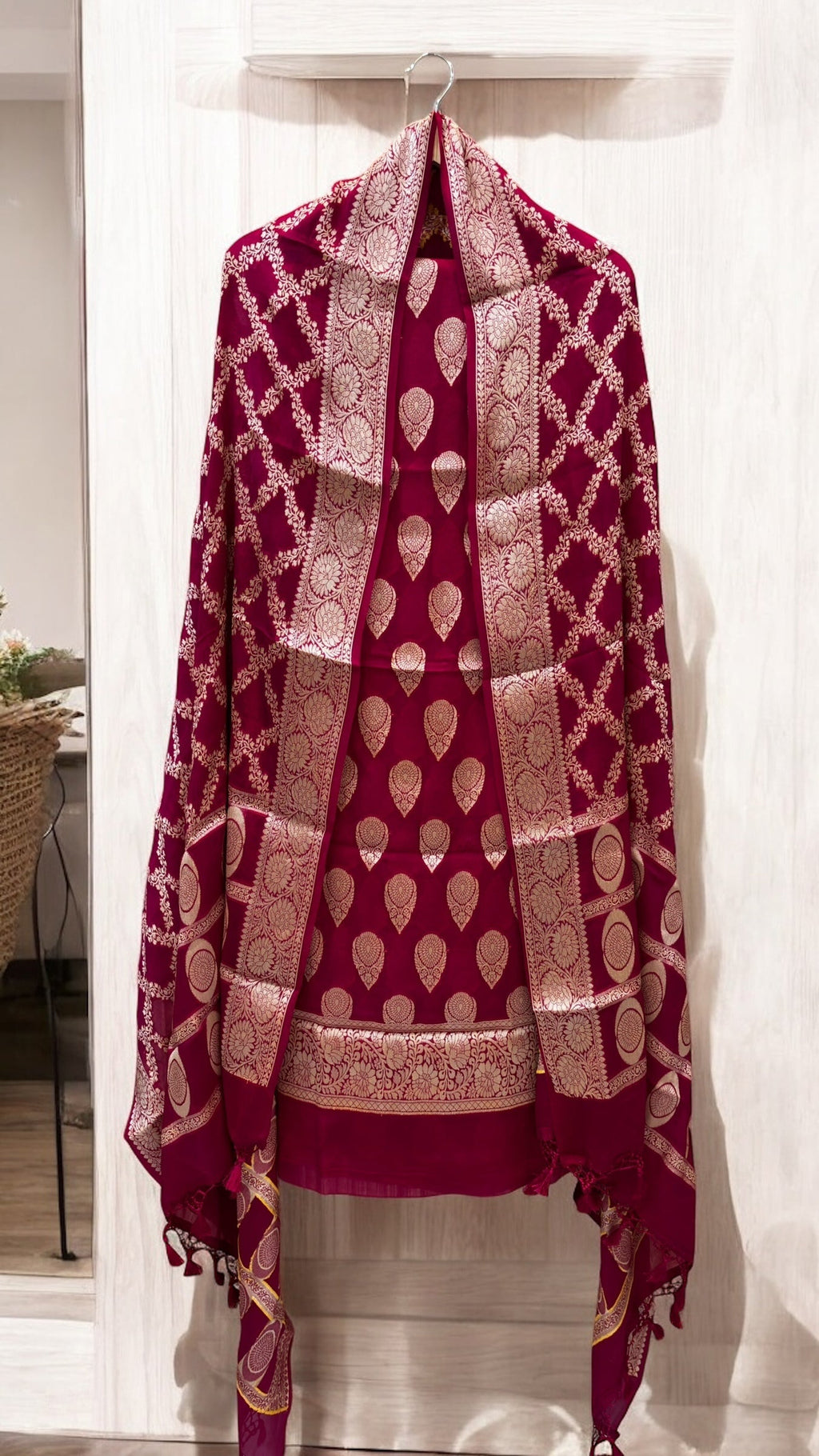 Pure Khaddi Georgette 3 Pc Suit Set with Gold Zari