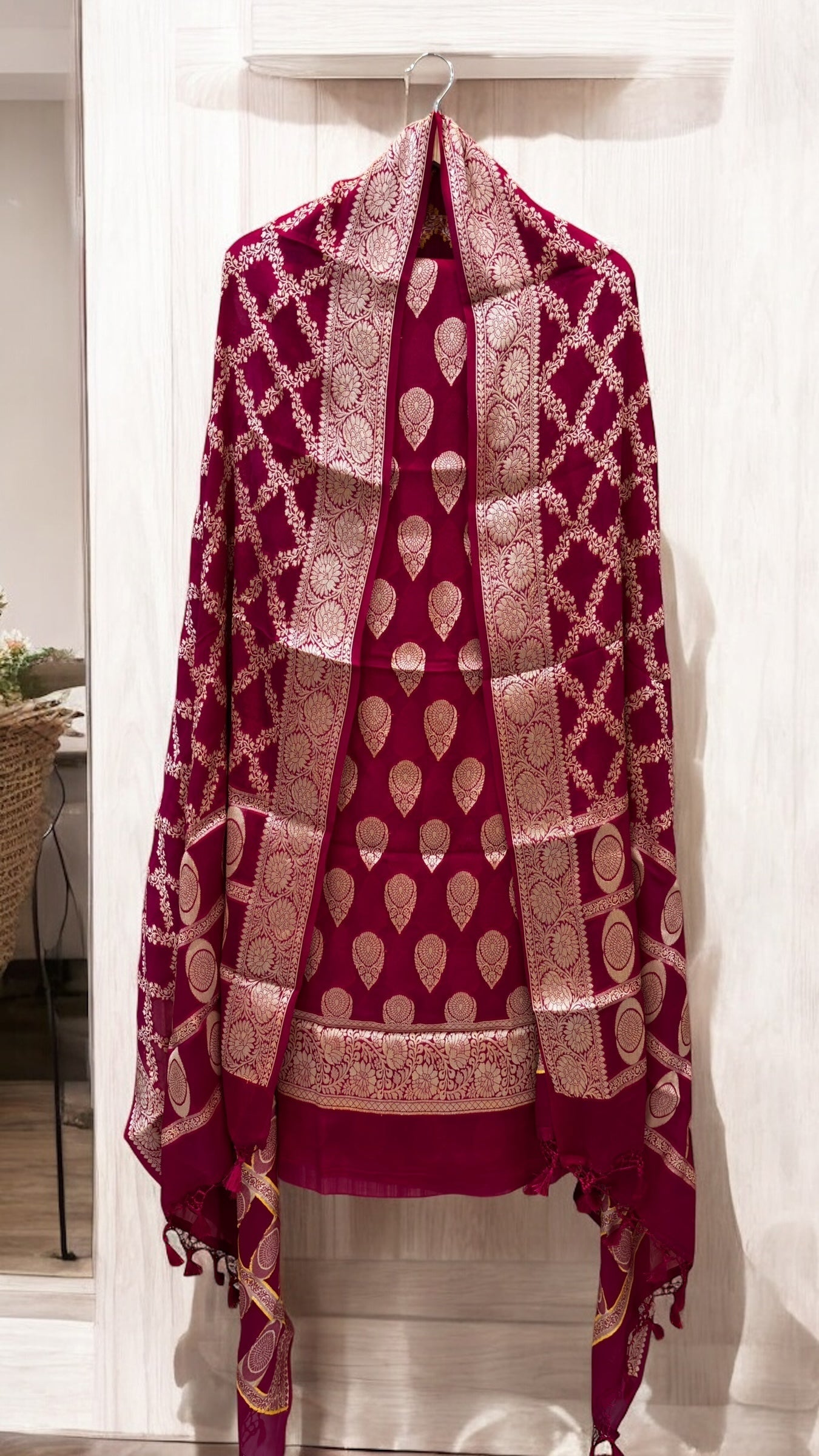 Pure Khaddi Georgette 3 Pc Suit Set with Gold Zari