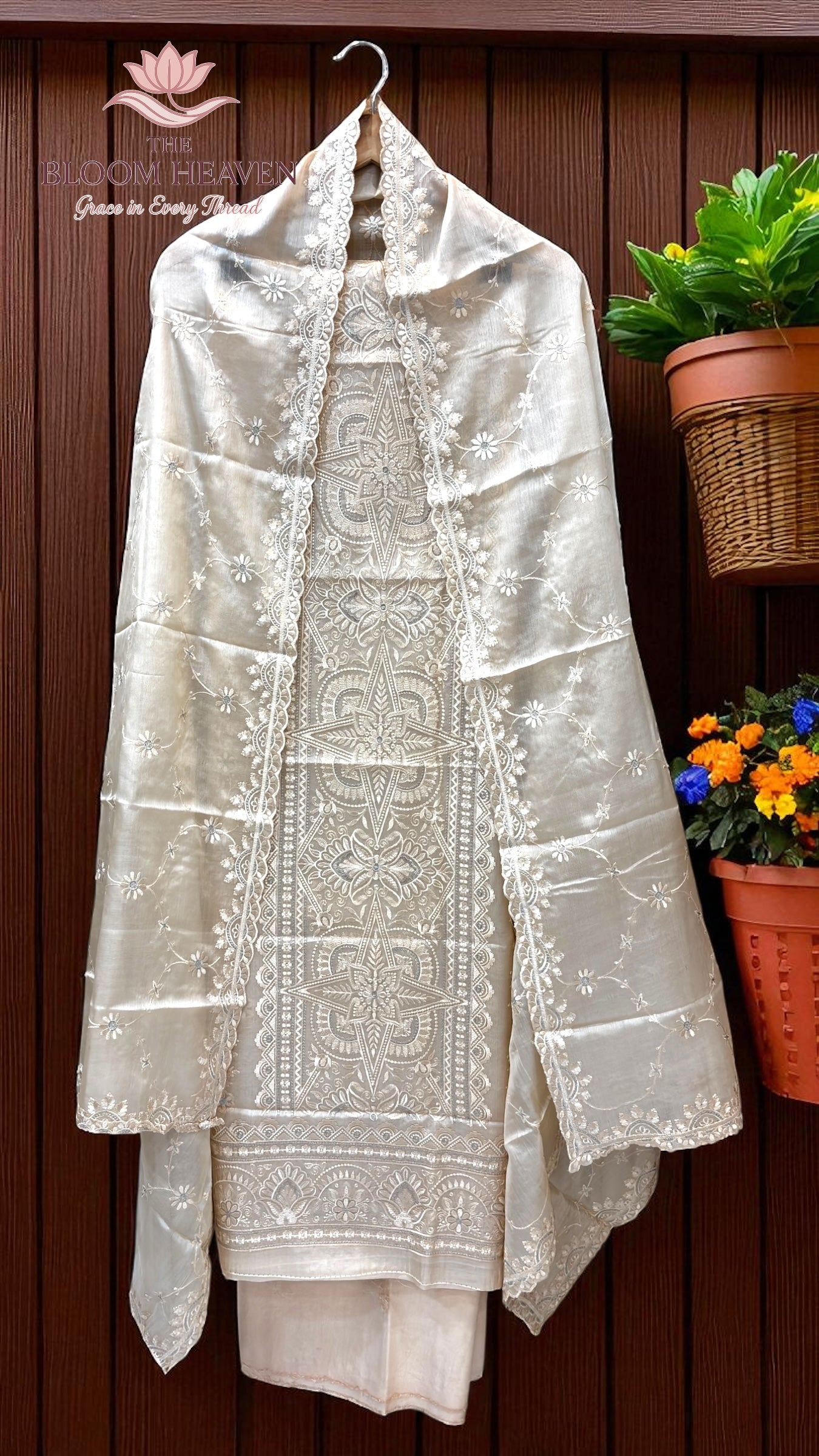 Pure Tussar Chikankari Handloom Banarasi Dress Material