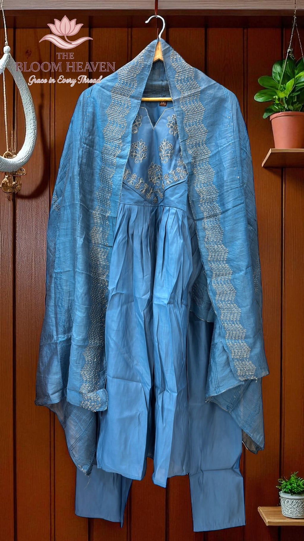 Teal Blue Mal Cotton Suit with Intricate Embroidered Neckline