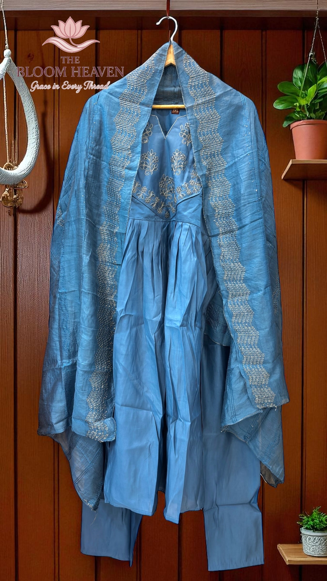 Teal Blue Mal Cotton Suit with Intricate Embroidered Neckline