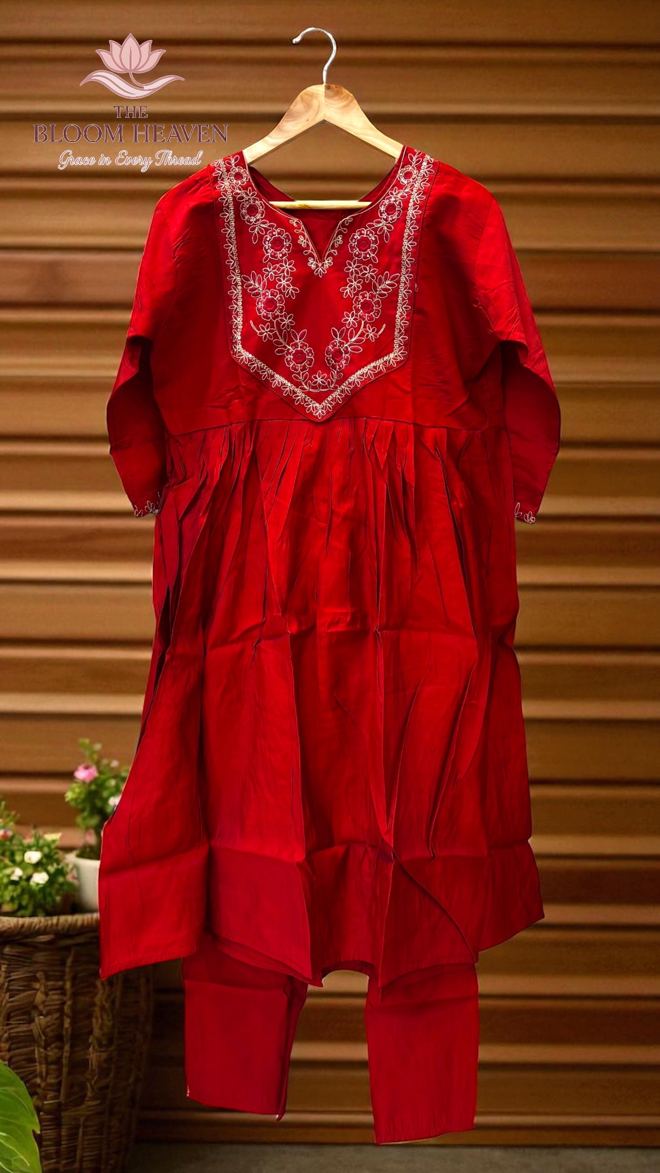 Red Mal Cotton Suit with Intricate Embroidered Neckline