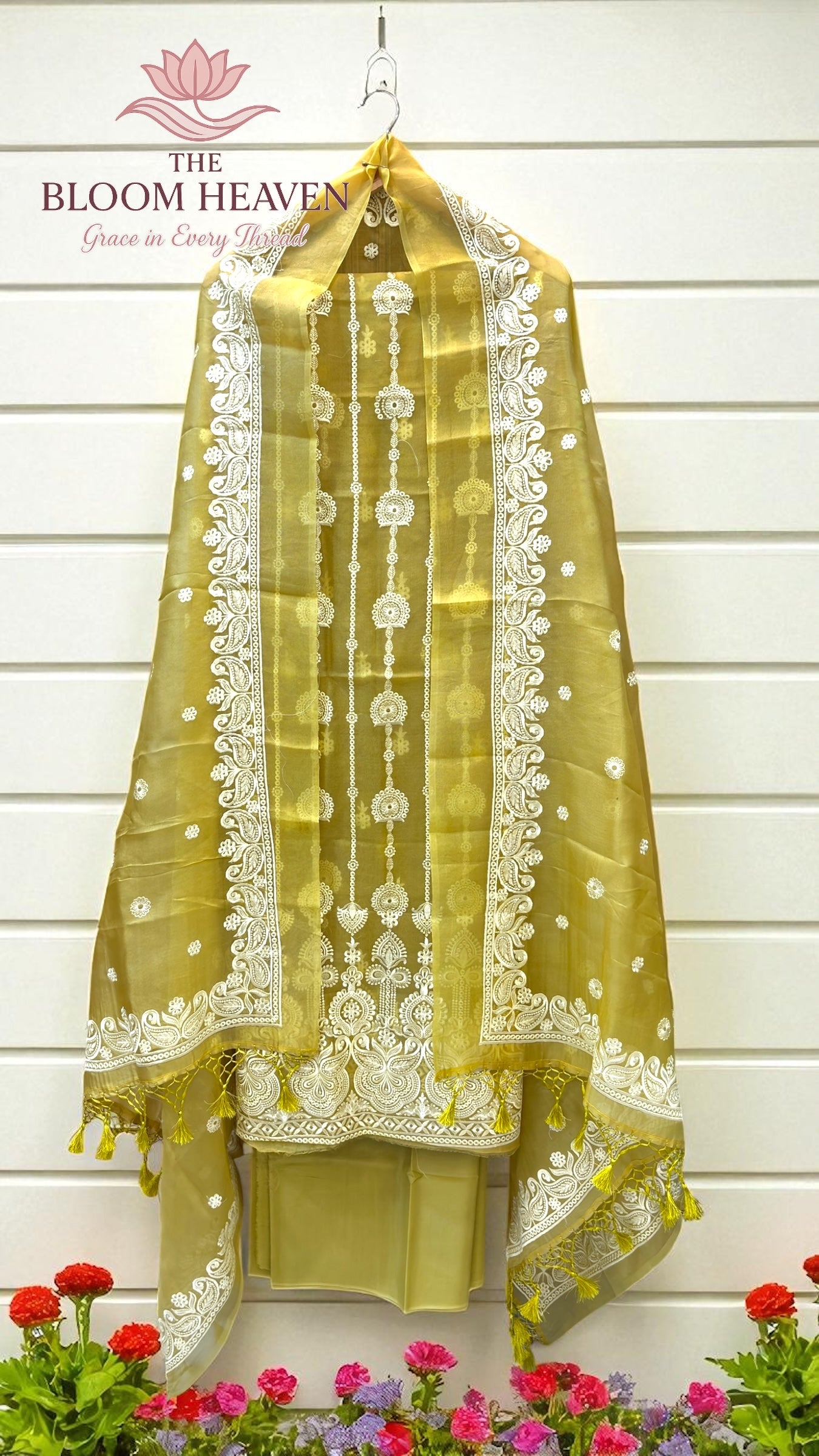 Pure Organza Chikankari Handloom Banarasi Dress Material