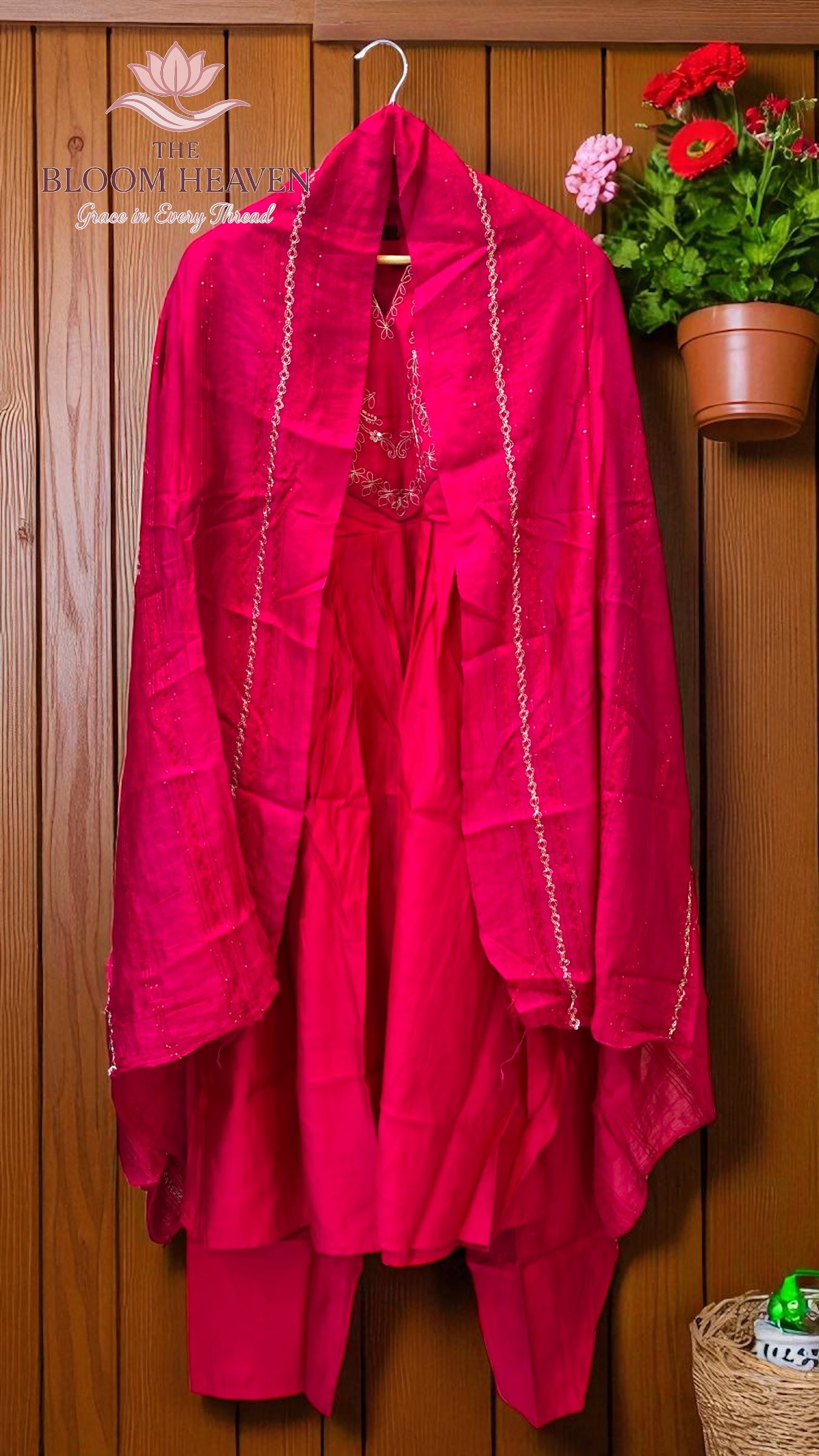 Hot Pink Mal Cotton Suit with Intricate Embroidered Neckline