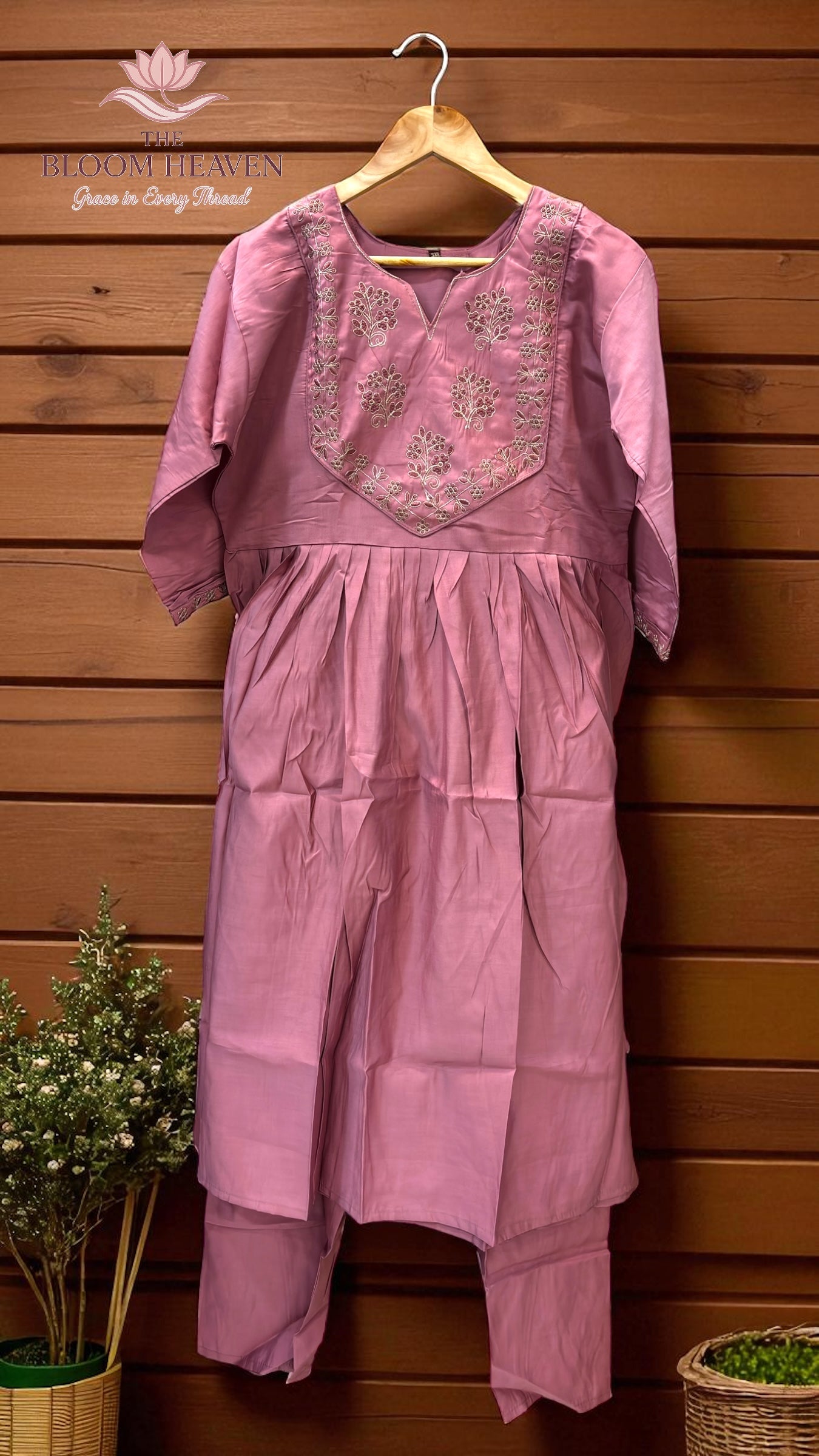 Mauve Pink Mal Cotton Suit with Intricate Embroidered Neckline