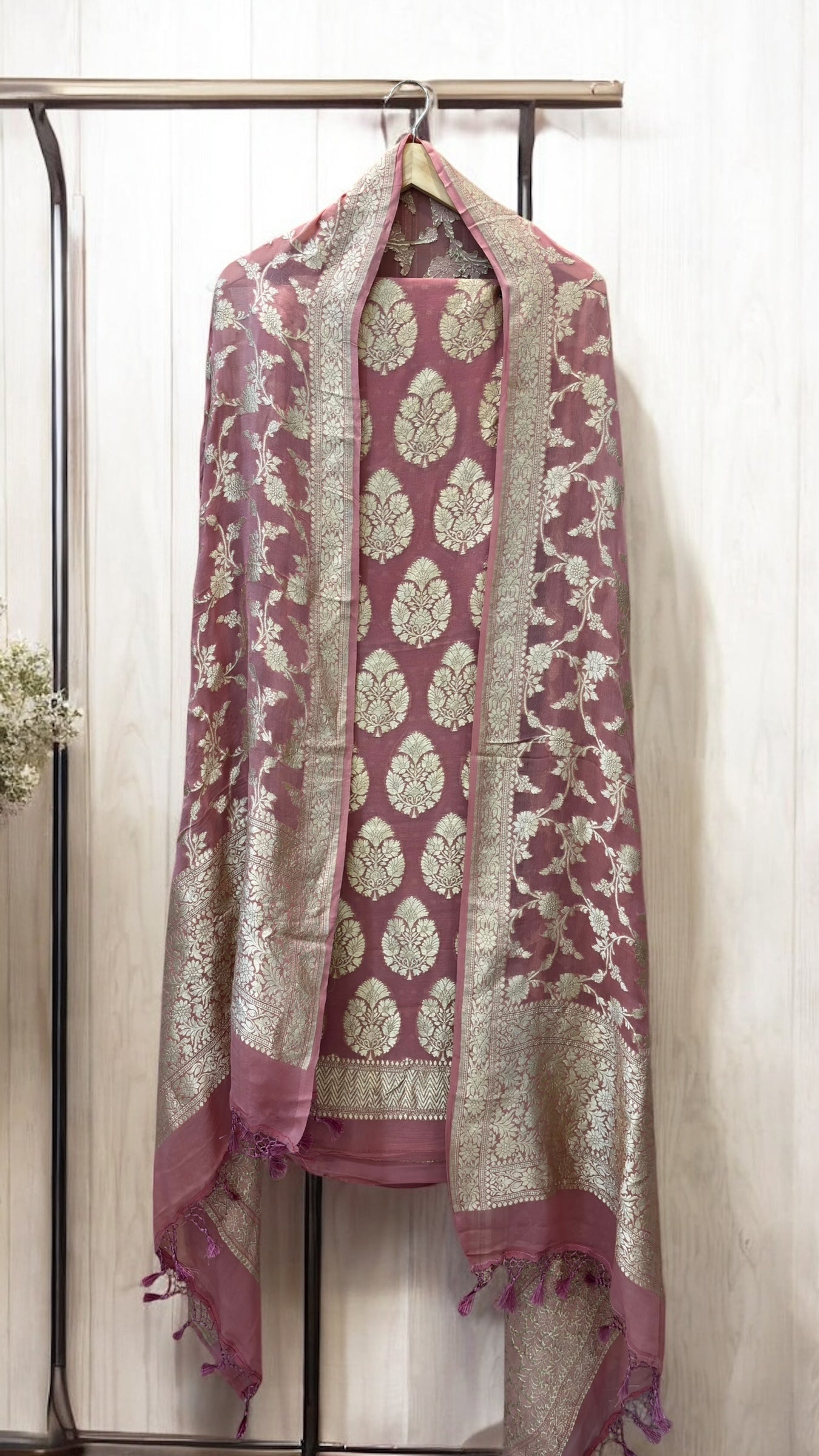 Pure Khaddi Georgette 3 Pc Suit Set with Gold Zari