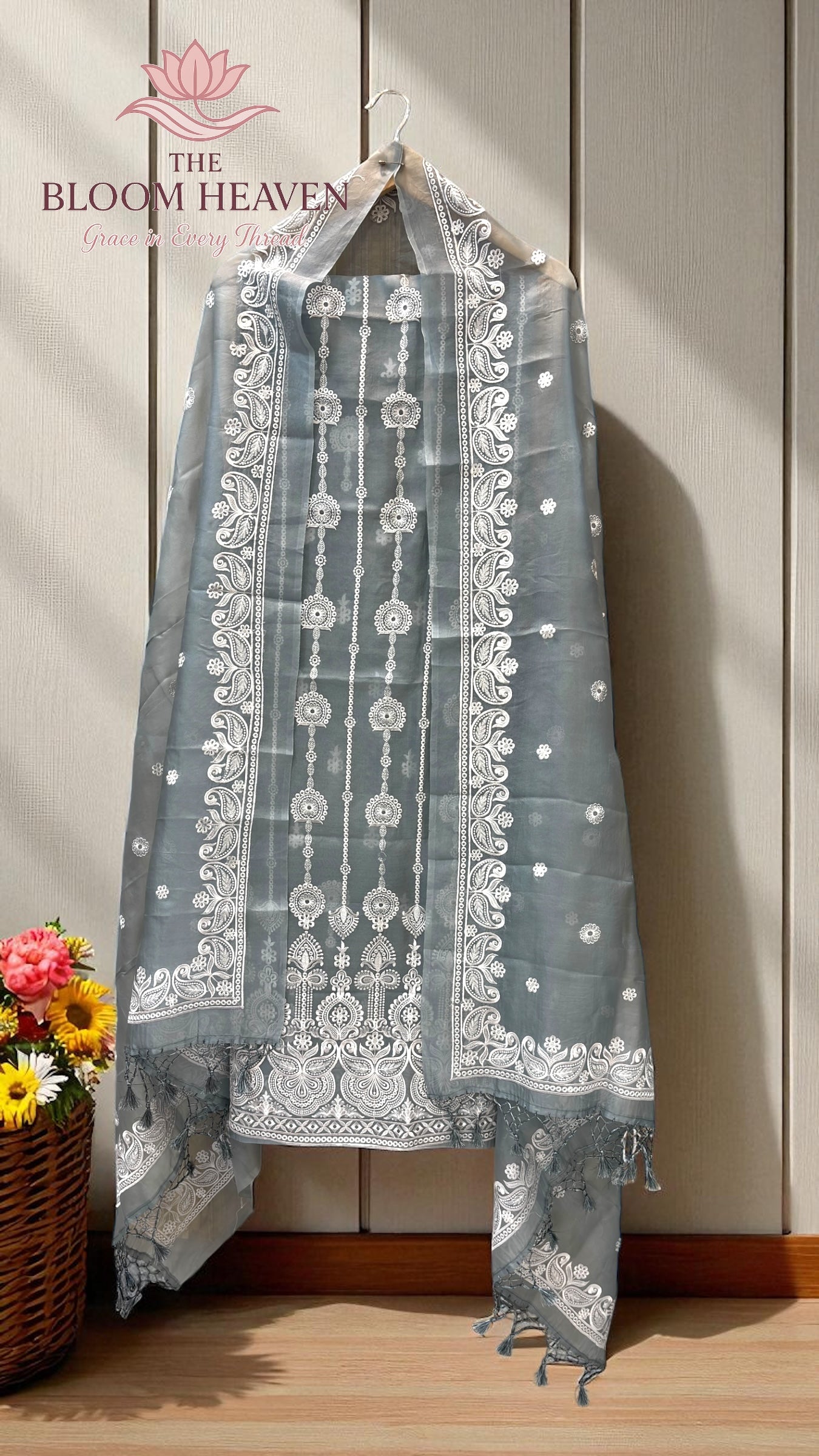 Pure Organza Chikankari Handloom Banarasi Dress Material