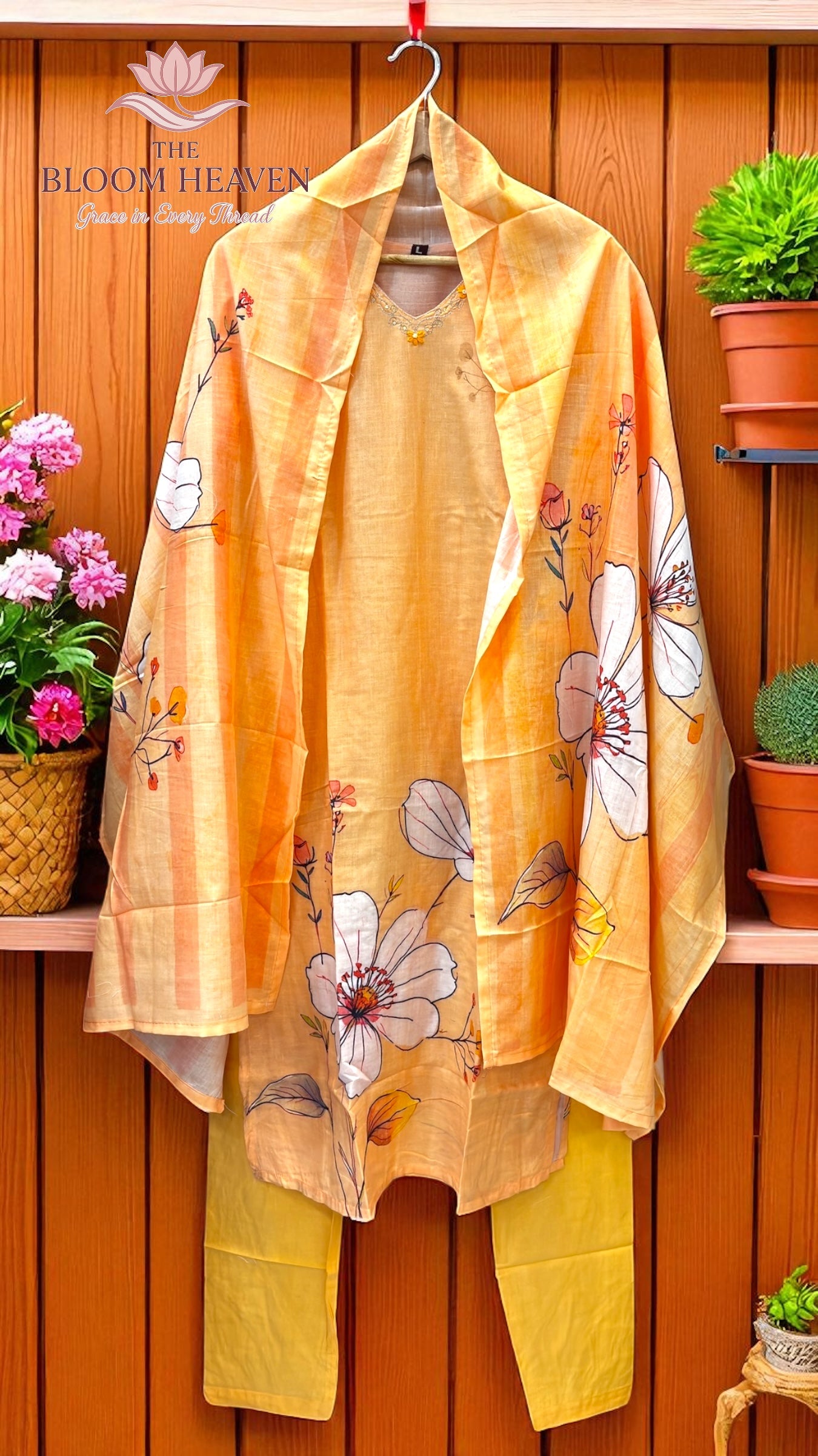 Mal Cotton Floral Printed Suit – Light Mustard Peach Tone with Embroidered Neckline