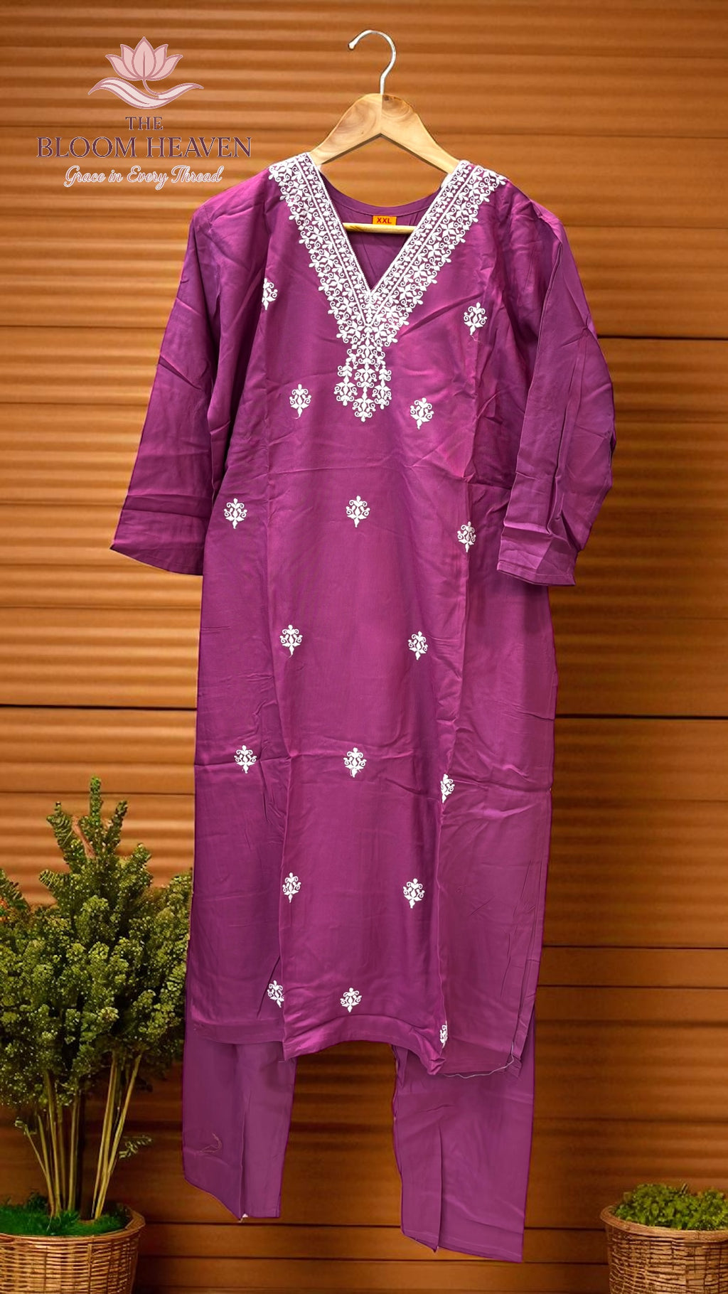 Magenta Mal Cotton Suit with White Thread Embroidery