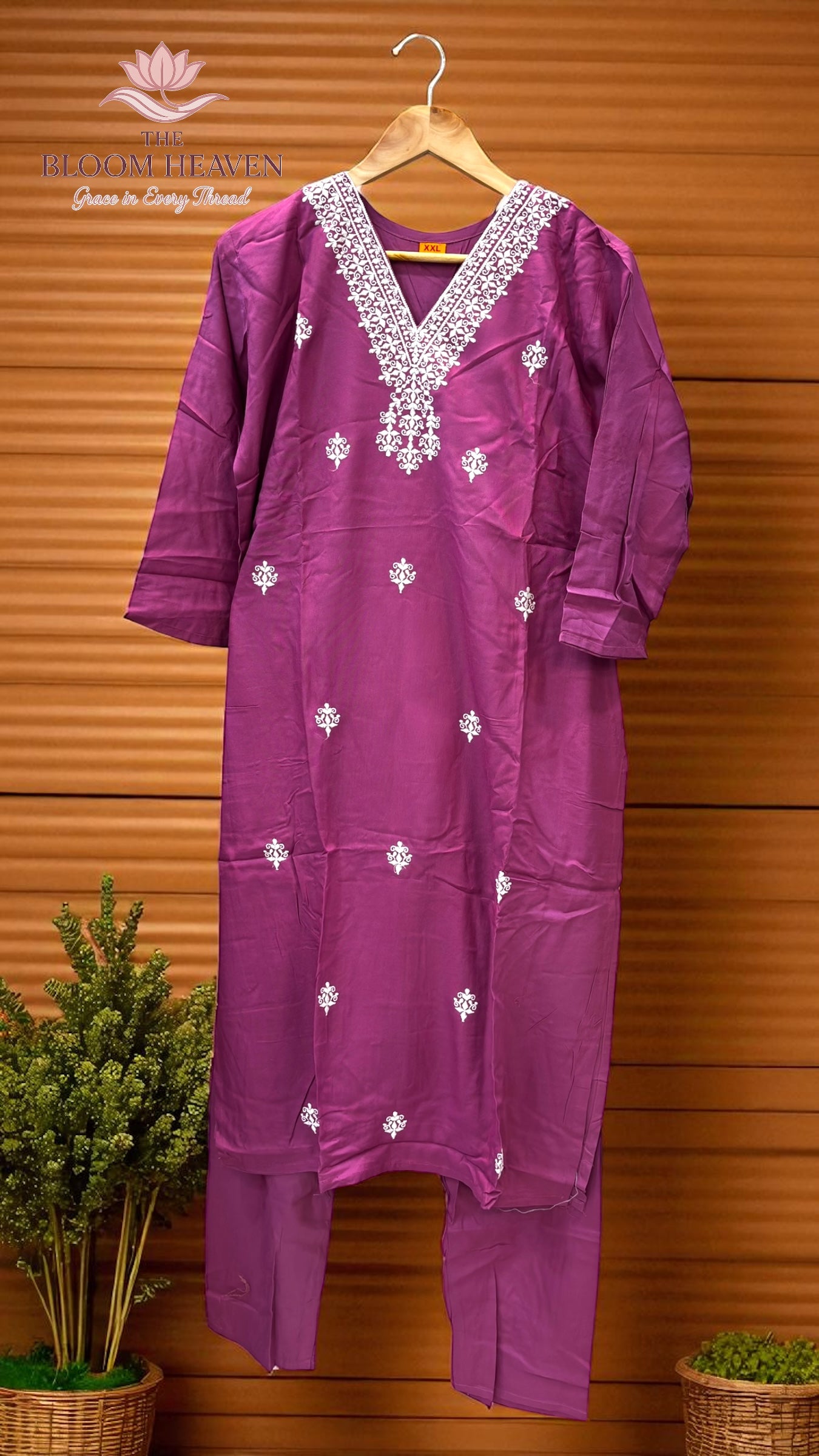 Magenta Mal Cotton Suit with White Thread Embroidery