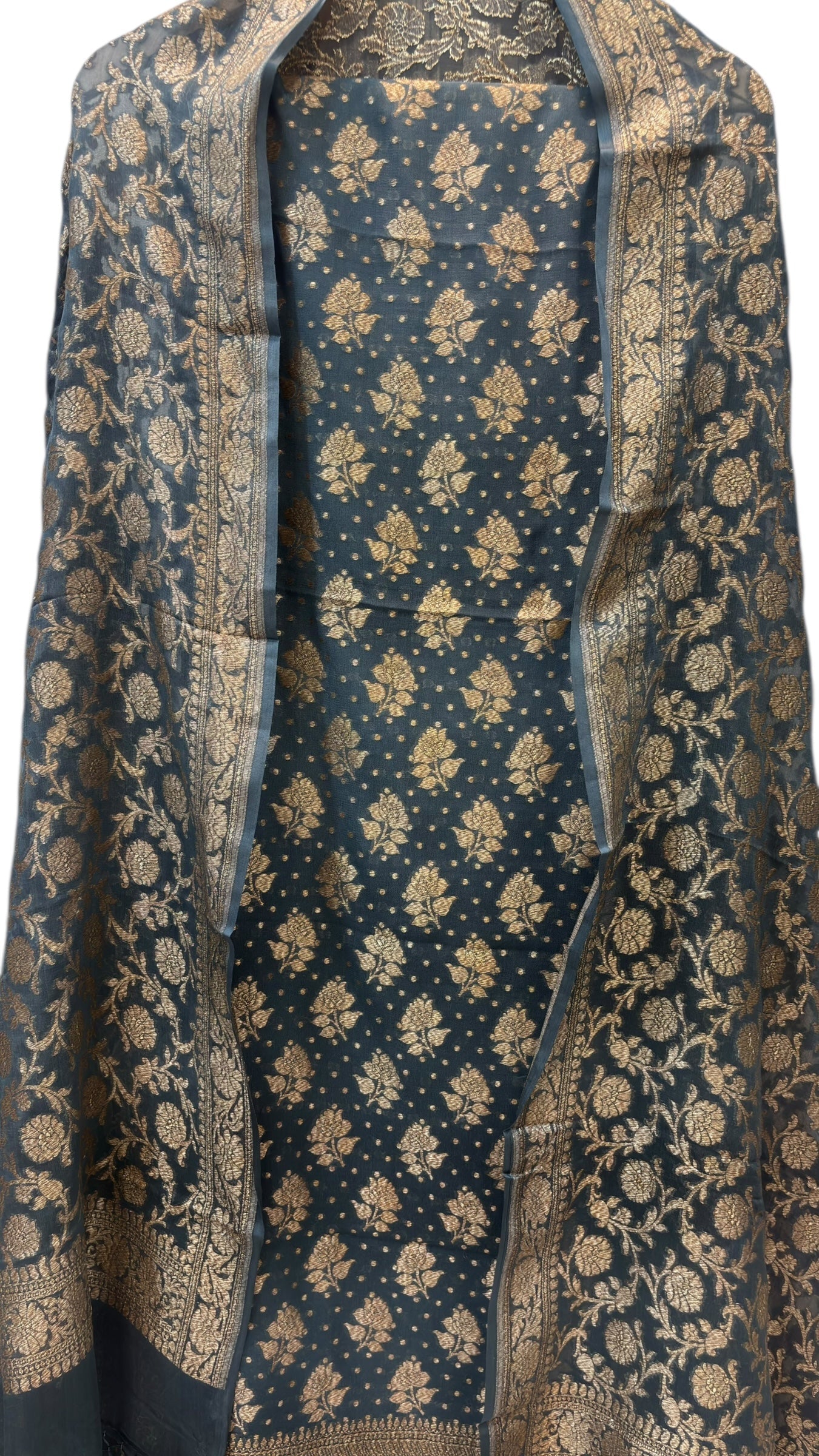 Pure Khaddi Georgette 3 Pc Suit Set with Gold Zari