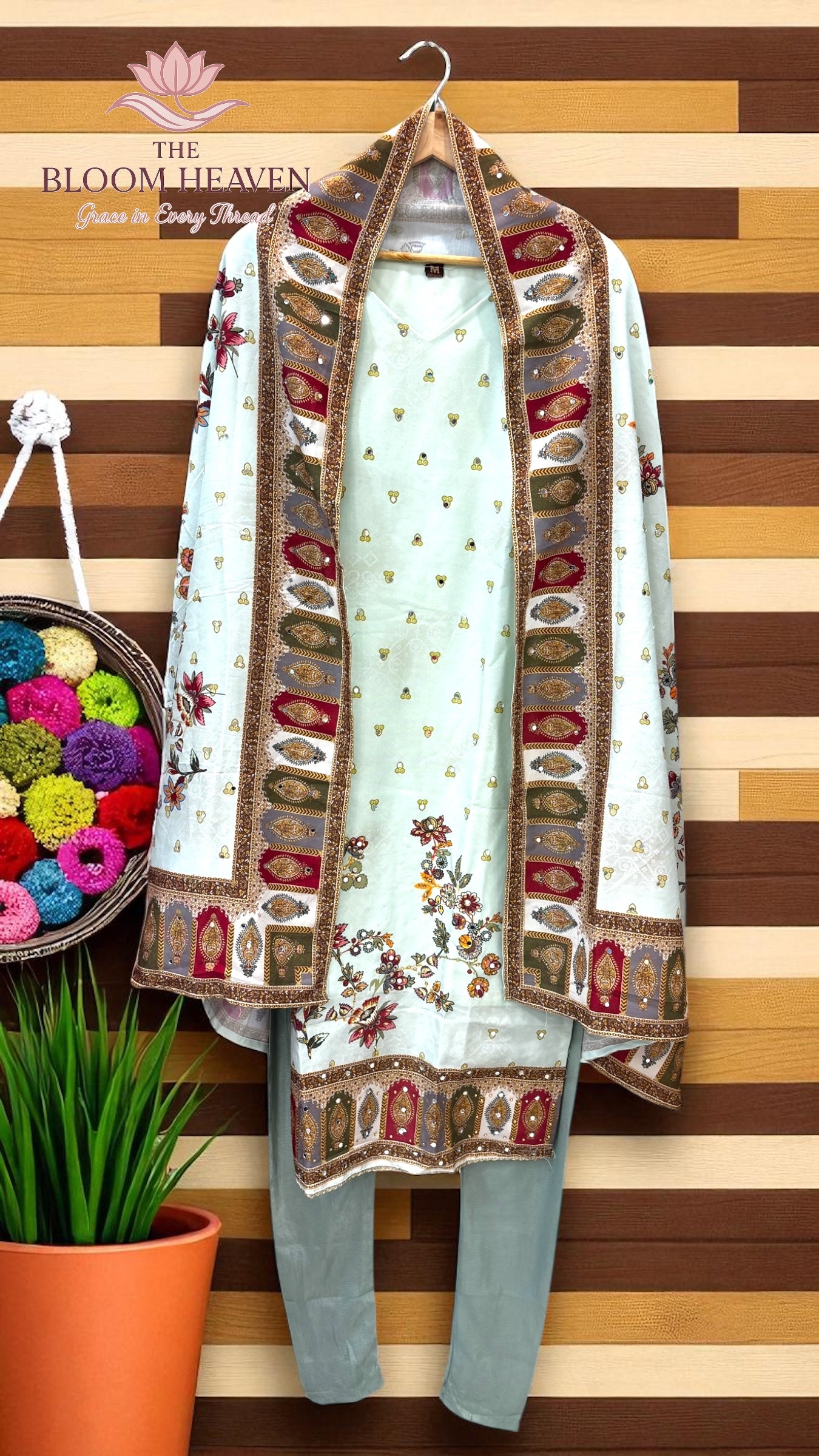 Pastel Mint Green Mal Cotton Suit with Floral & Ethnic Border Print