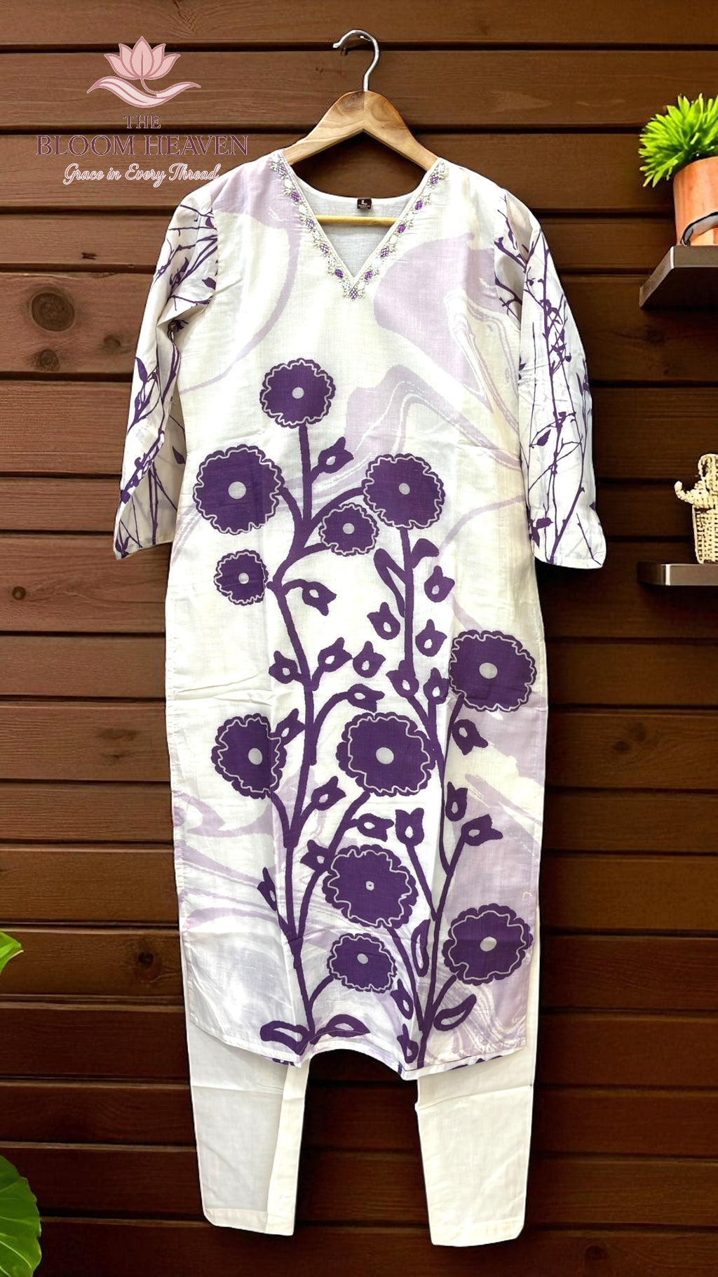 Mal Cotton Suit with Purple Floral Print & Embroidered Neckline