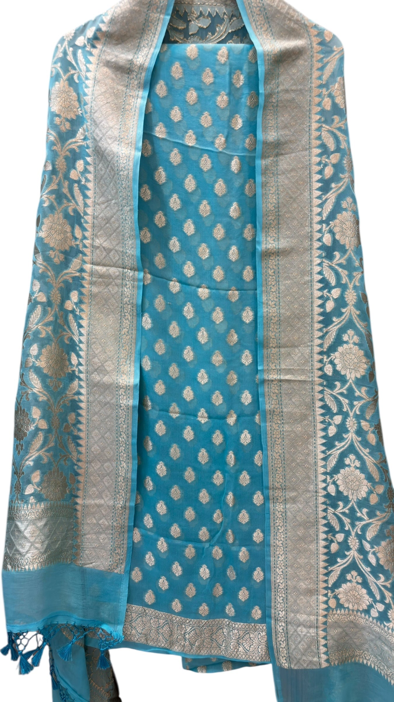 Pure Khaddi Georgette 3 Pc Suit Set with Gold Zari