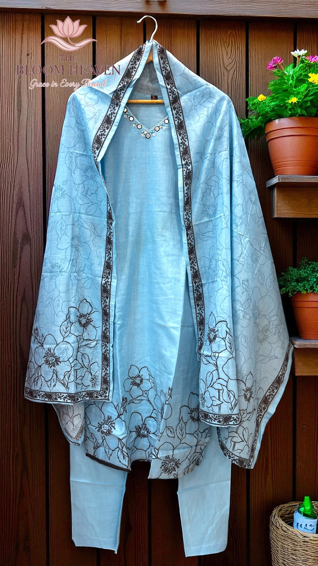 Mal Cotton Floral Printed Suit – Pastel Sky Blue with Embroidered Neckline
