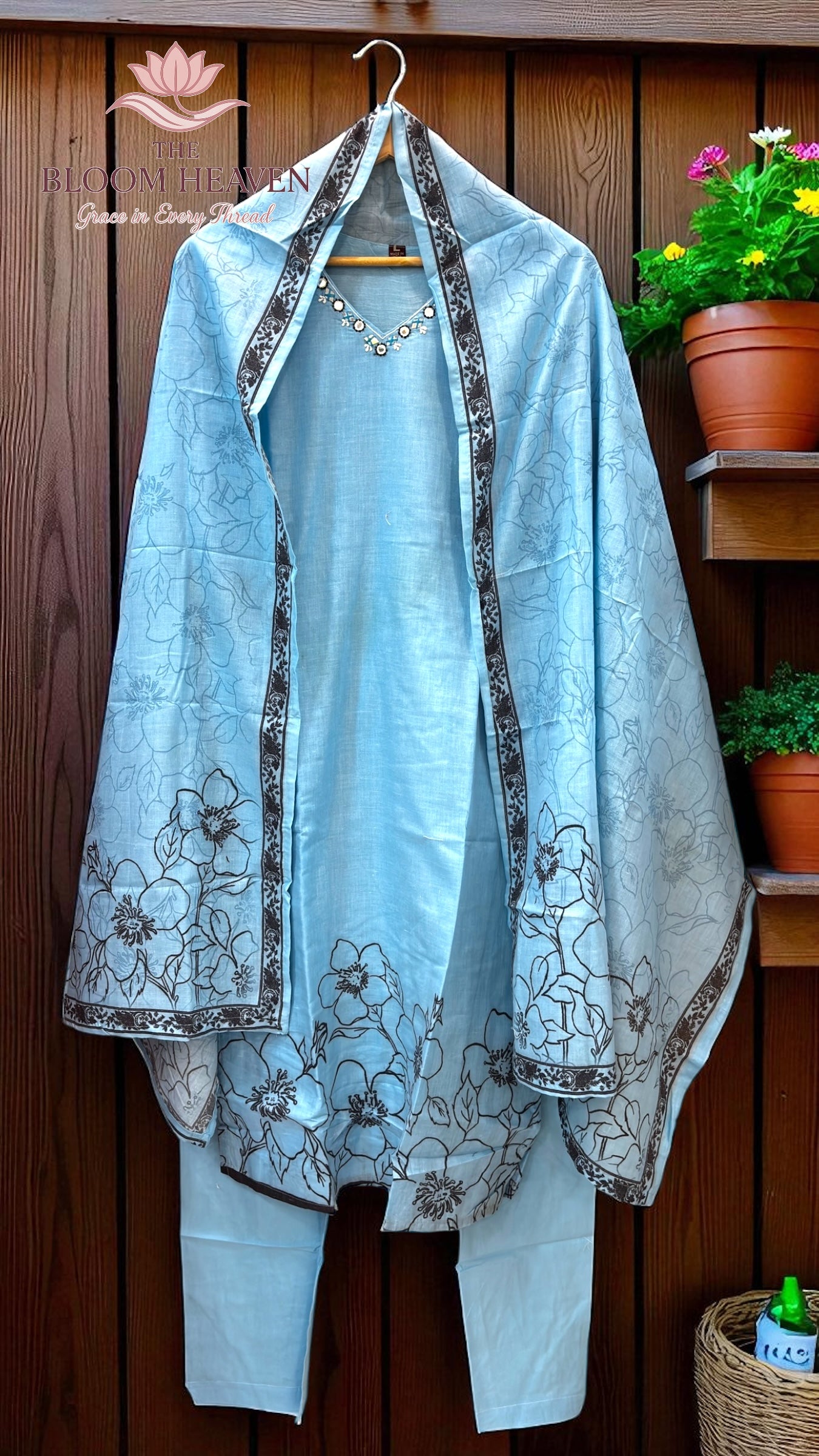 Mal Cotton Floral Printed Suit – Pastel Sky Blue with Embroidered Neckline