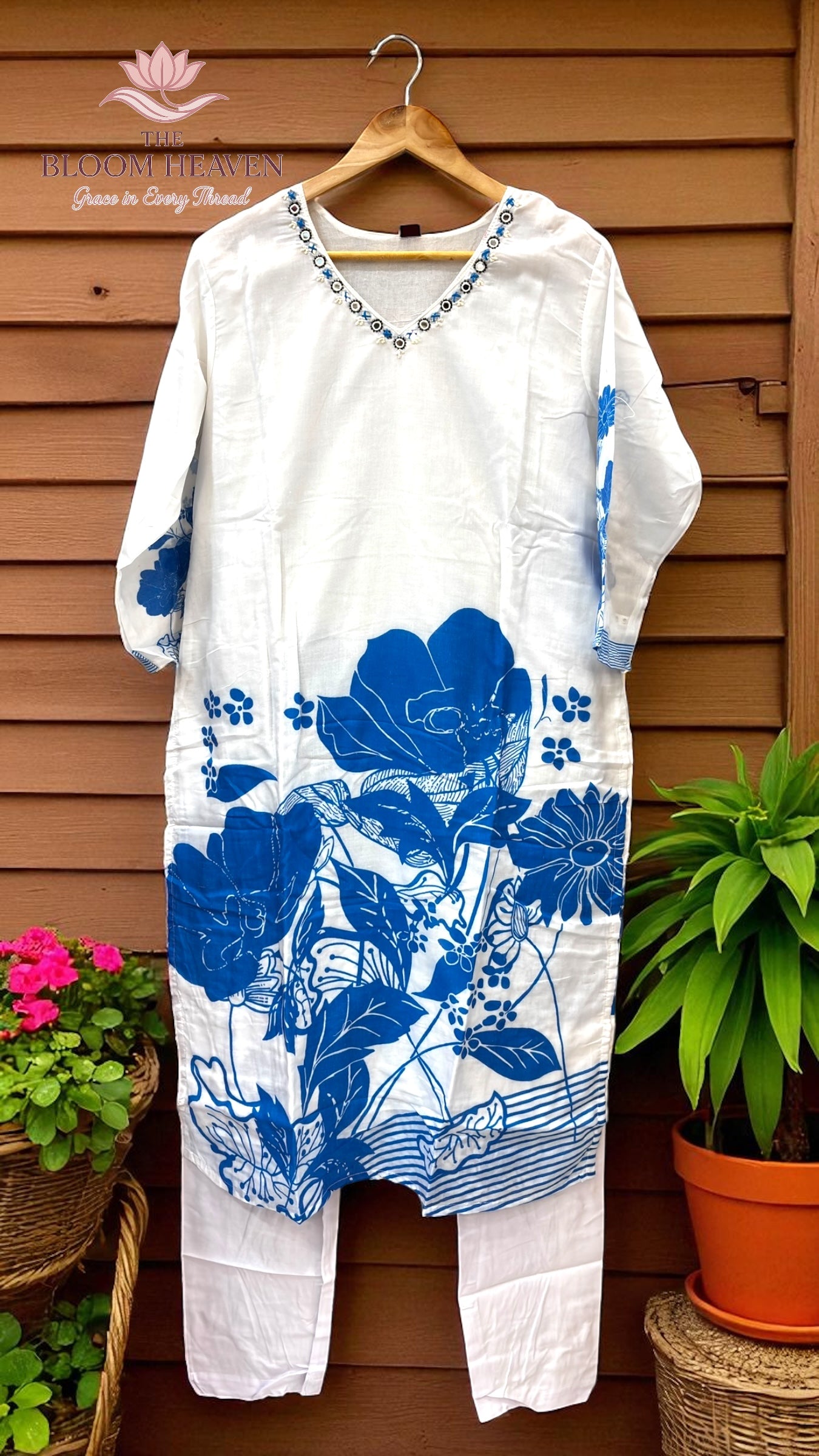 Mal Cotton Suit with Blue Floral Print & Embroidered Neckline