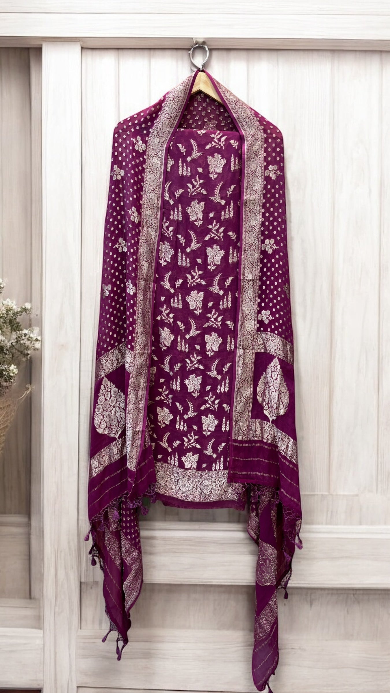 Pure Khaddi Georgette 3 Pc Suit Set with Gold Zari