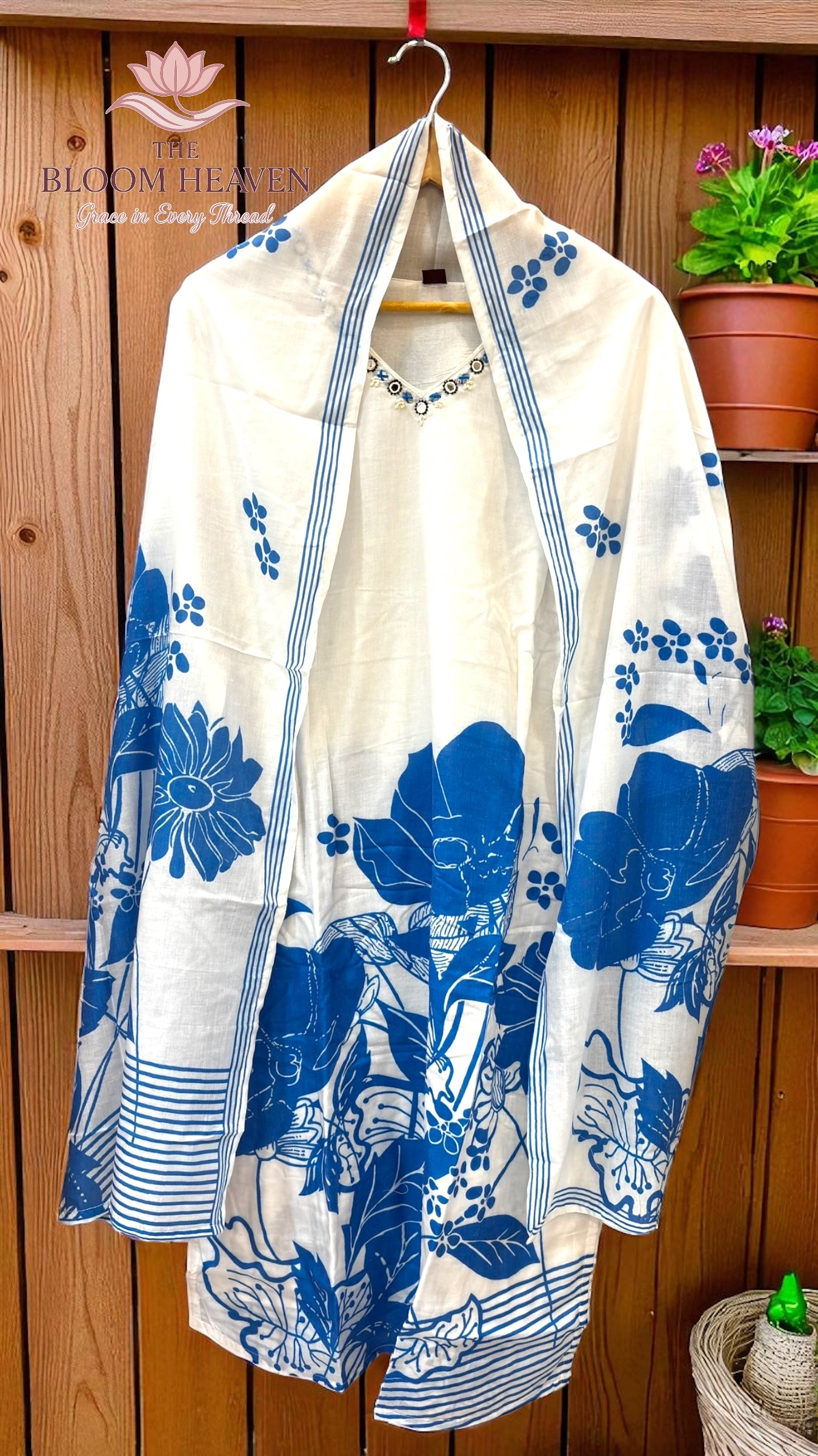 Mal Cotton Suit with Blue Floral Print & Embroidered Neckline