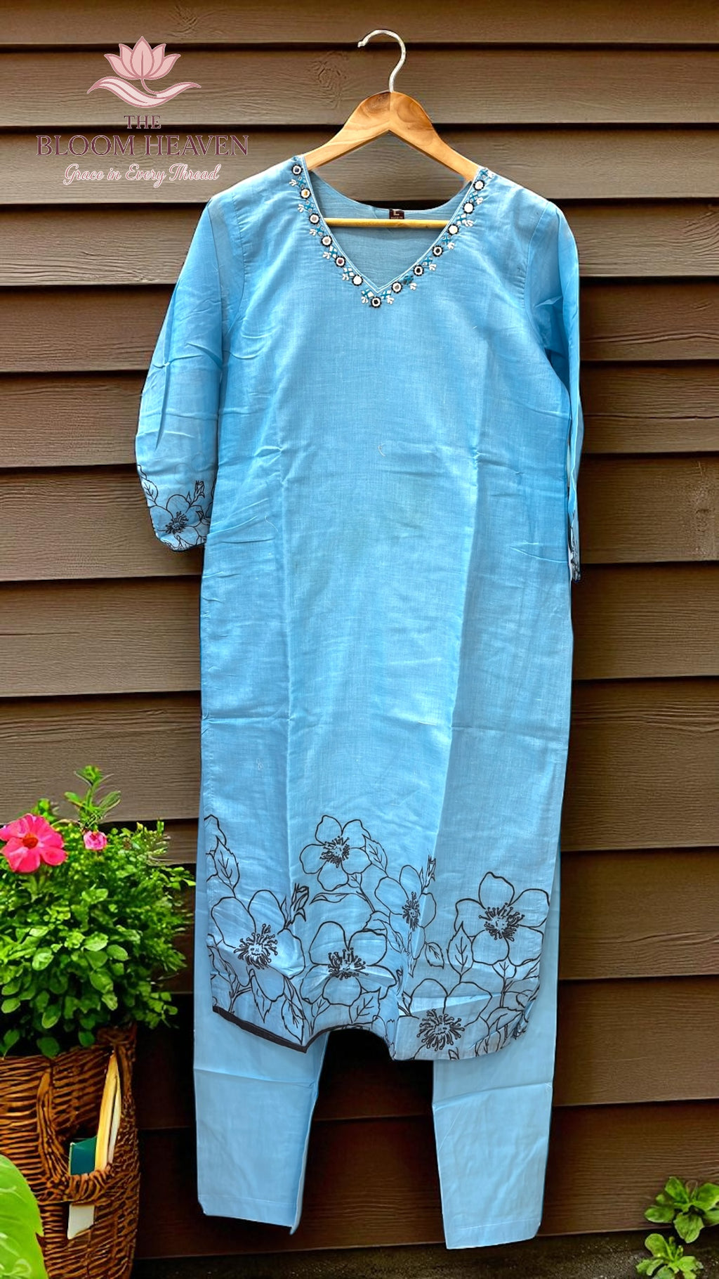 Mal Cotton Floral Printed Suit – Pastel Sky Blue with Embroidered Neckline