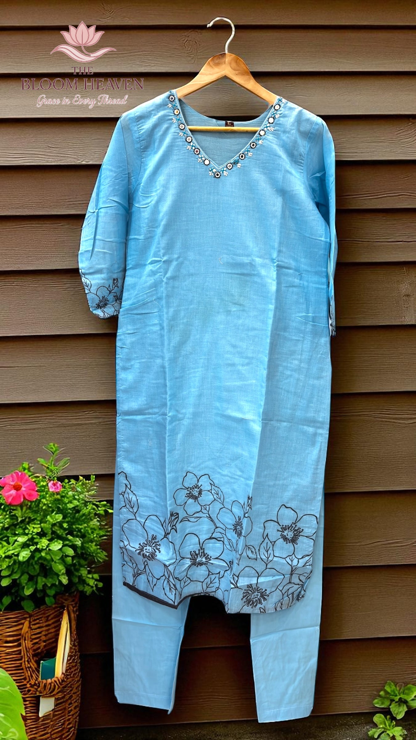Mal Cotton Floral Printed Suit – Pastel Sky Blue with Embroidered Neckline