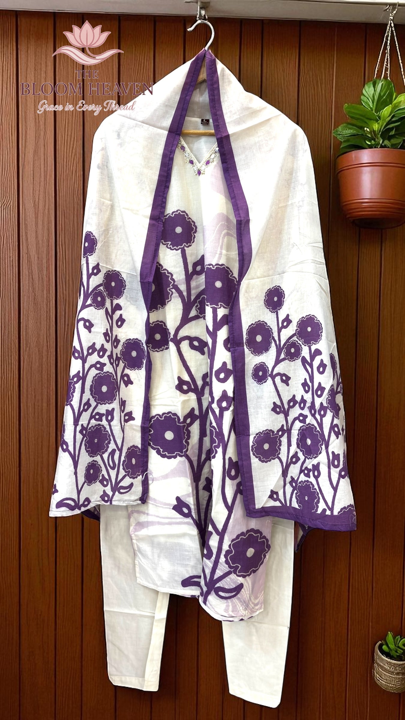 Mal Cotton Suit with Purple Floral Print & Embroidered Neckline