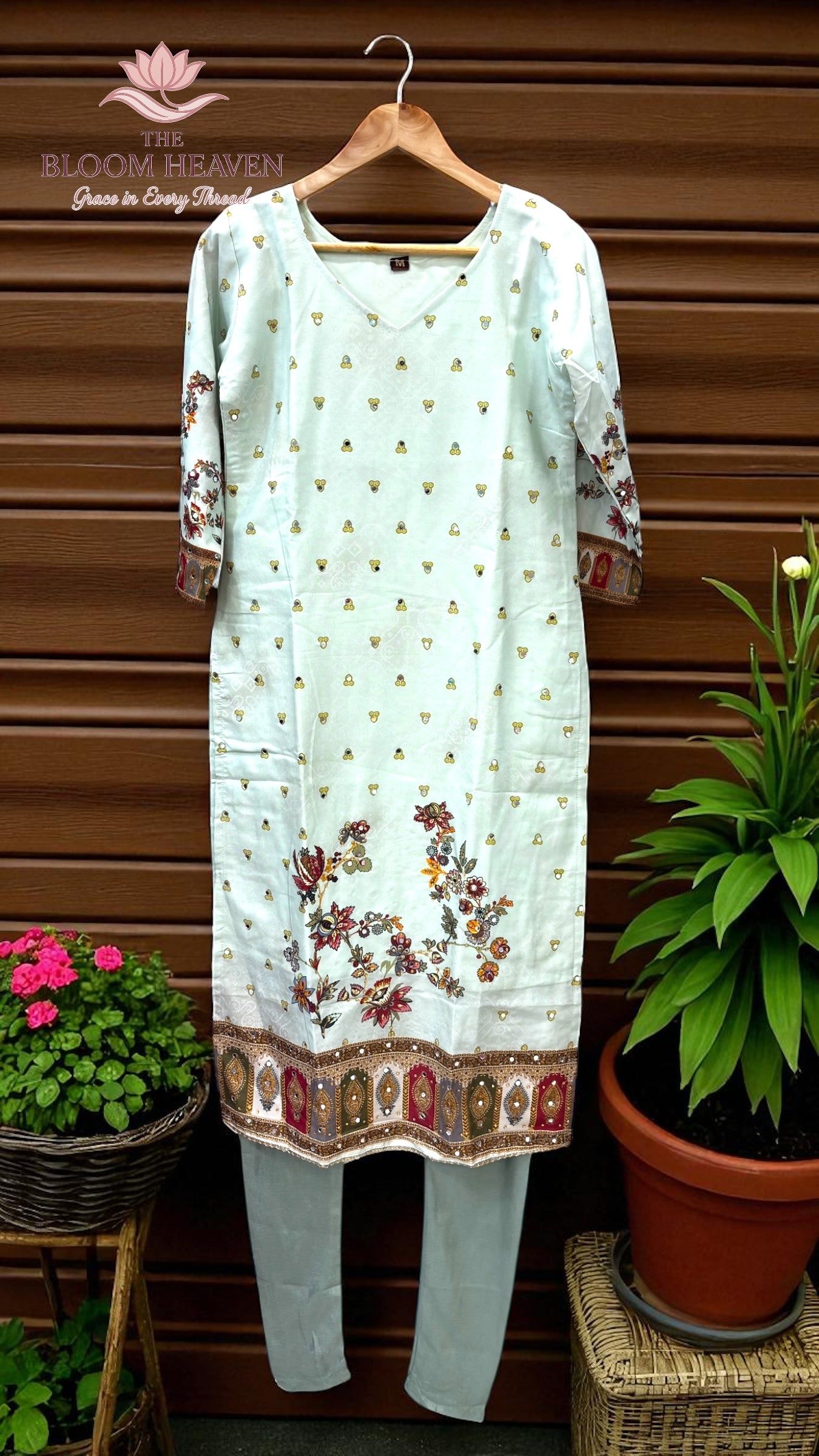 Pastel Mint Green Mal Cotton Suit with Floral & Ethnic Border Print