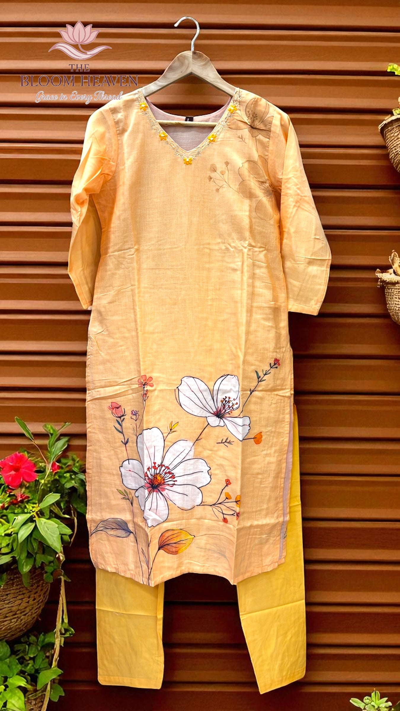 Mal Cotton Floral Printed Suit – Light Mustard Peach Tone with Embroidered Neckline