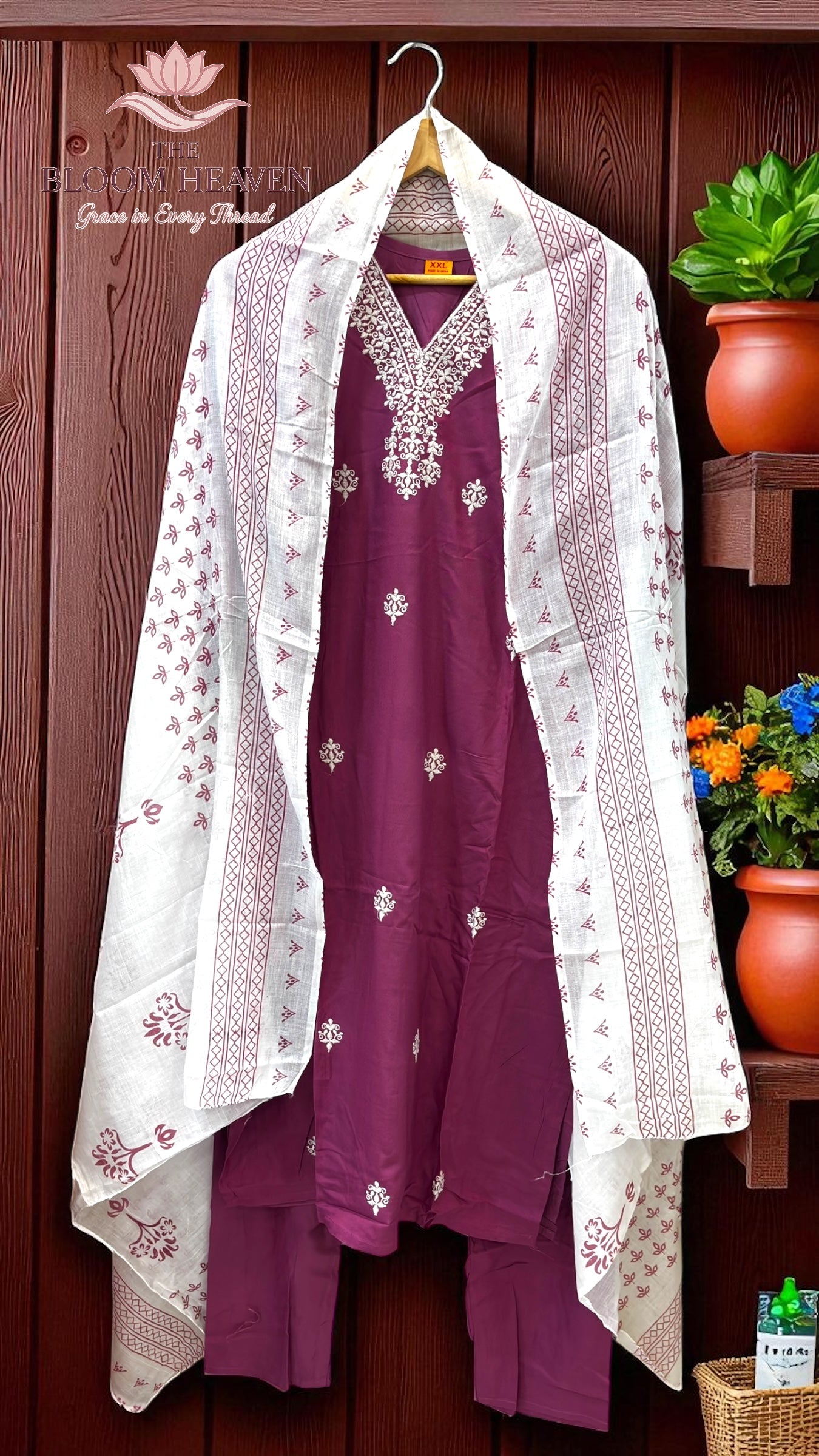 Magenta Mal Cotton Suit with White Thread Embroidery