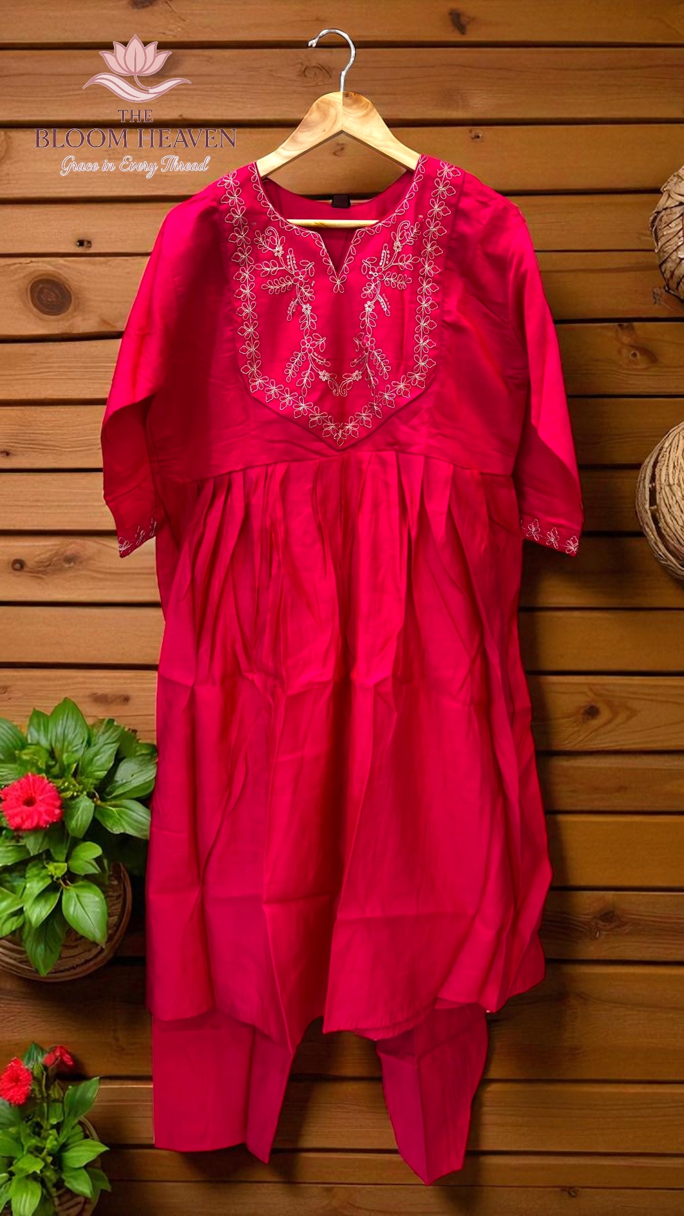 Hot Pink Mal Cotton Suit with Intricate Embroidered Neckline