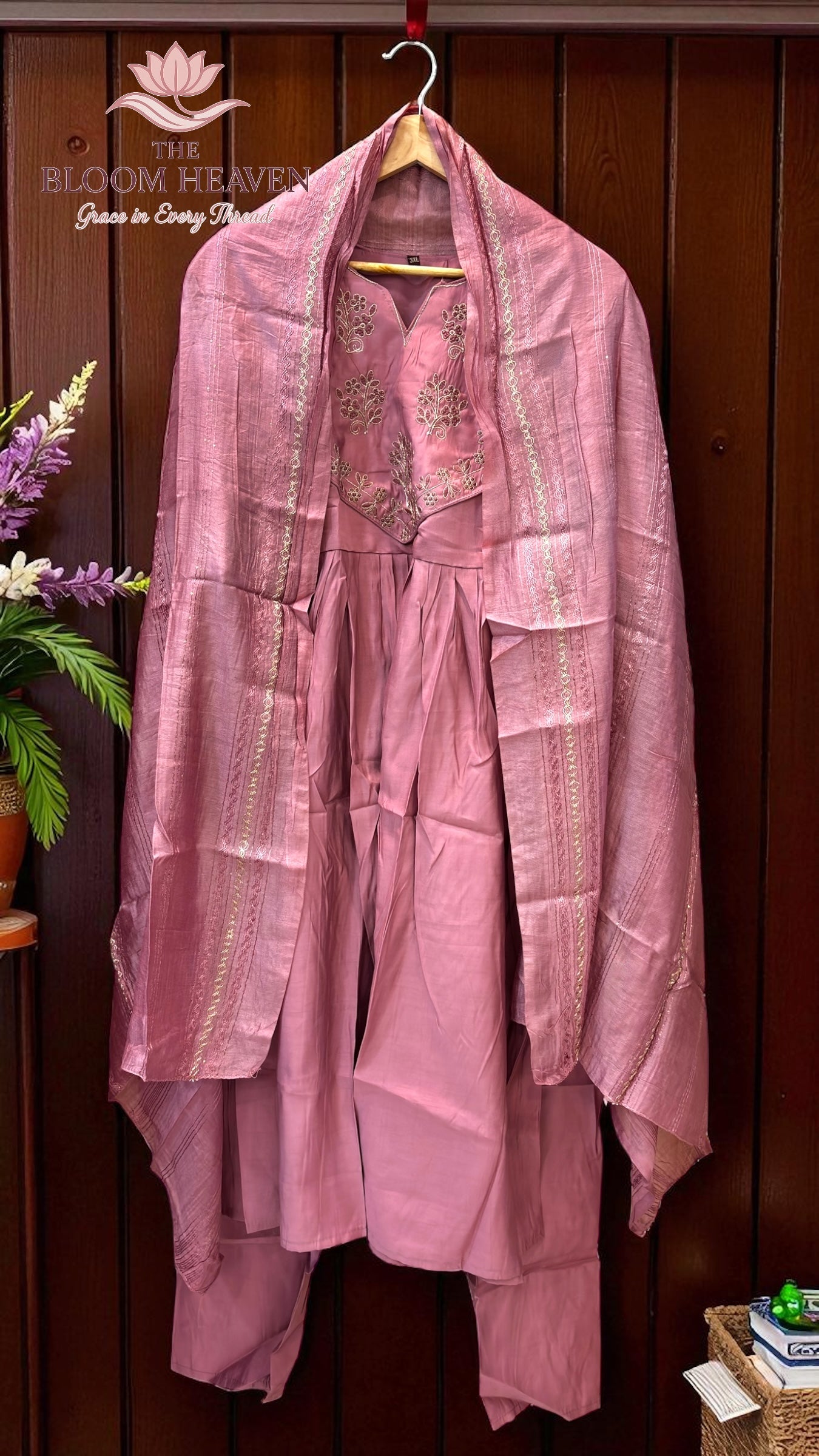 Mauve Pink Mal Cotton Suit with Intricate Embroidered Neckline