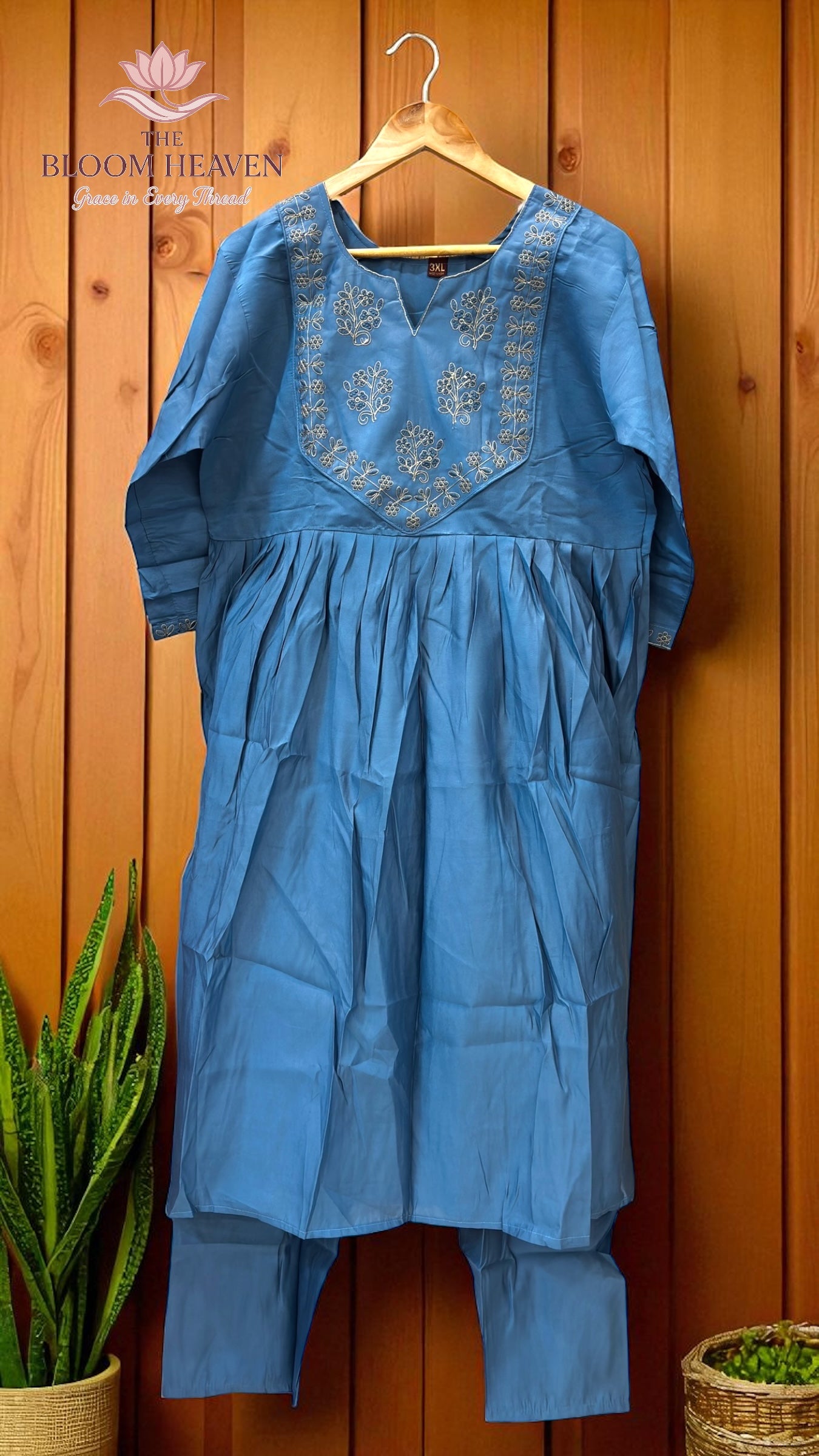 Teal Blue Mal Cotton Suit with Intricate Embroidered Neckline