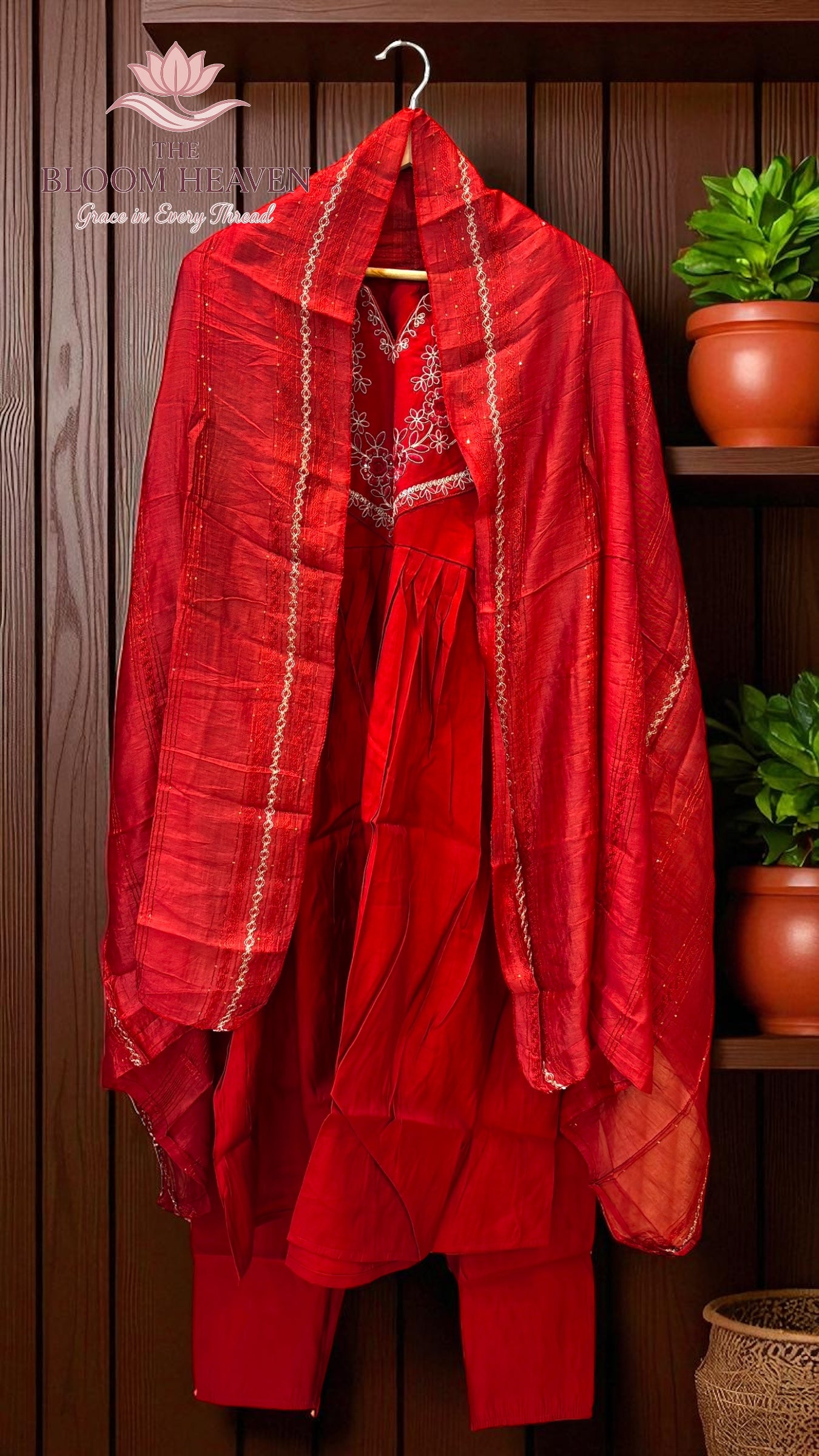 Red Mal Cotton Suit with Intricate Embroidered Neckline