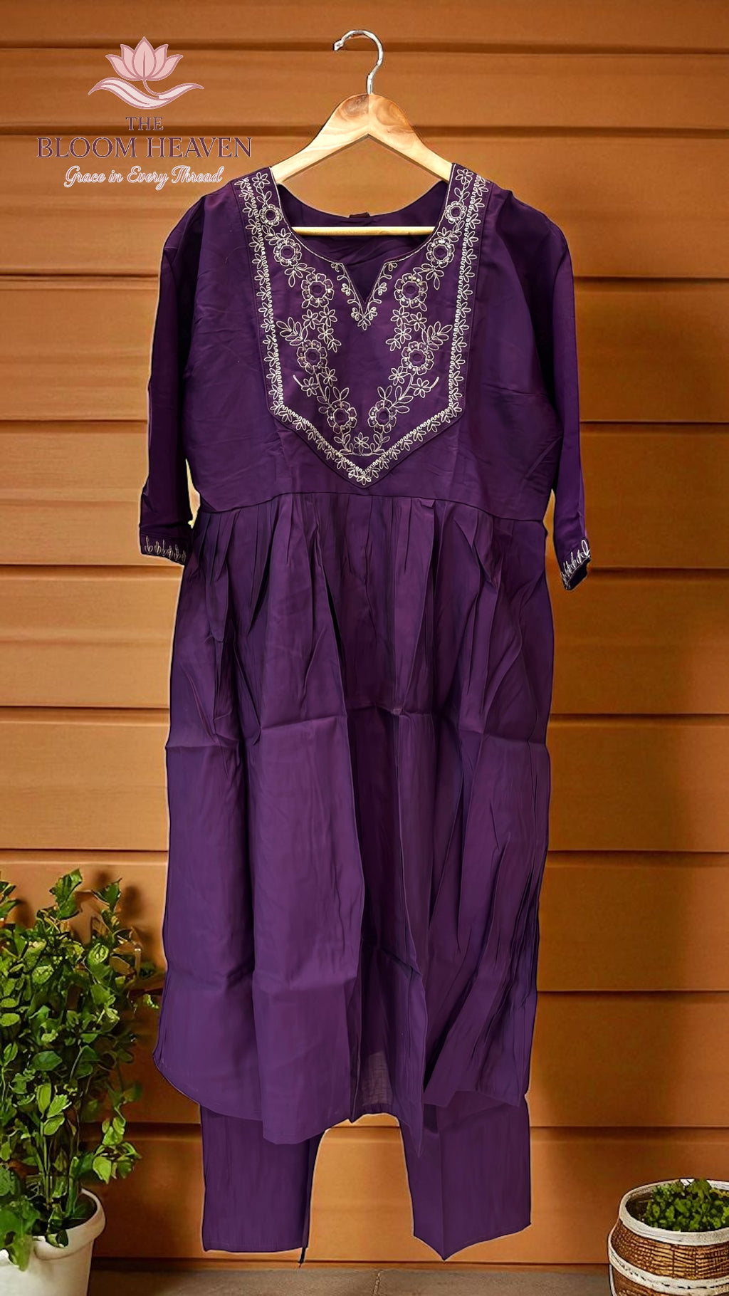 Deep Purple Mal Cotton Suit with Intricate Embroidered Neckline
