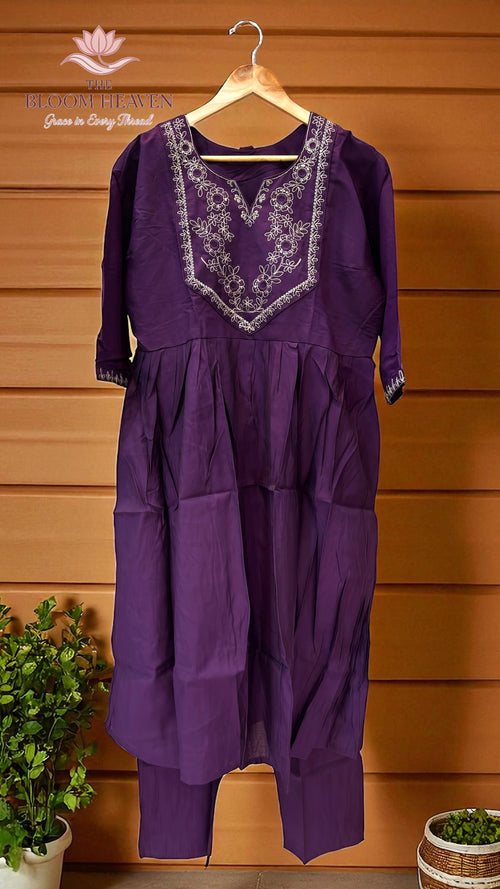 Deep Purple Mal Cotton Suit with Intricate Embroidered Neckline