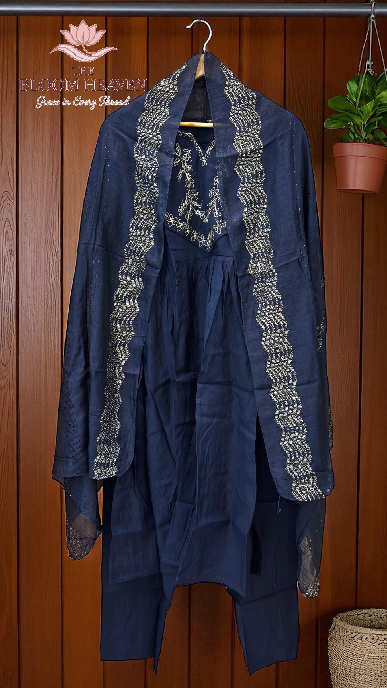 Navy Blue Mal Cotton Suit with Intricate Embroidered Neckline