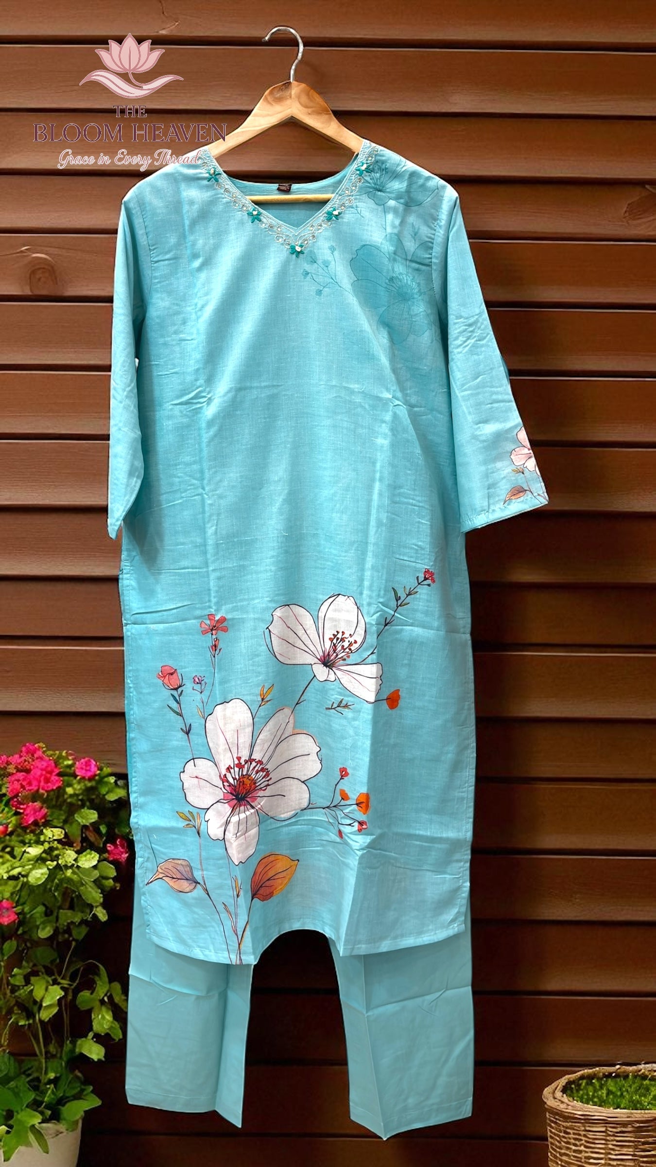Mal Cotton Floral Printed Suit – Sky Blue with Embroidered Neckline